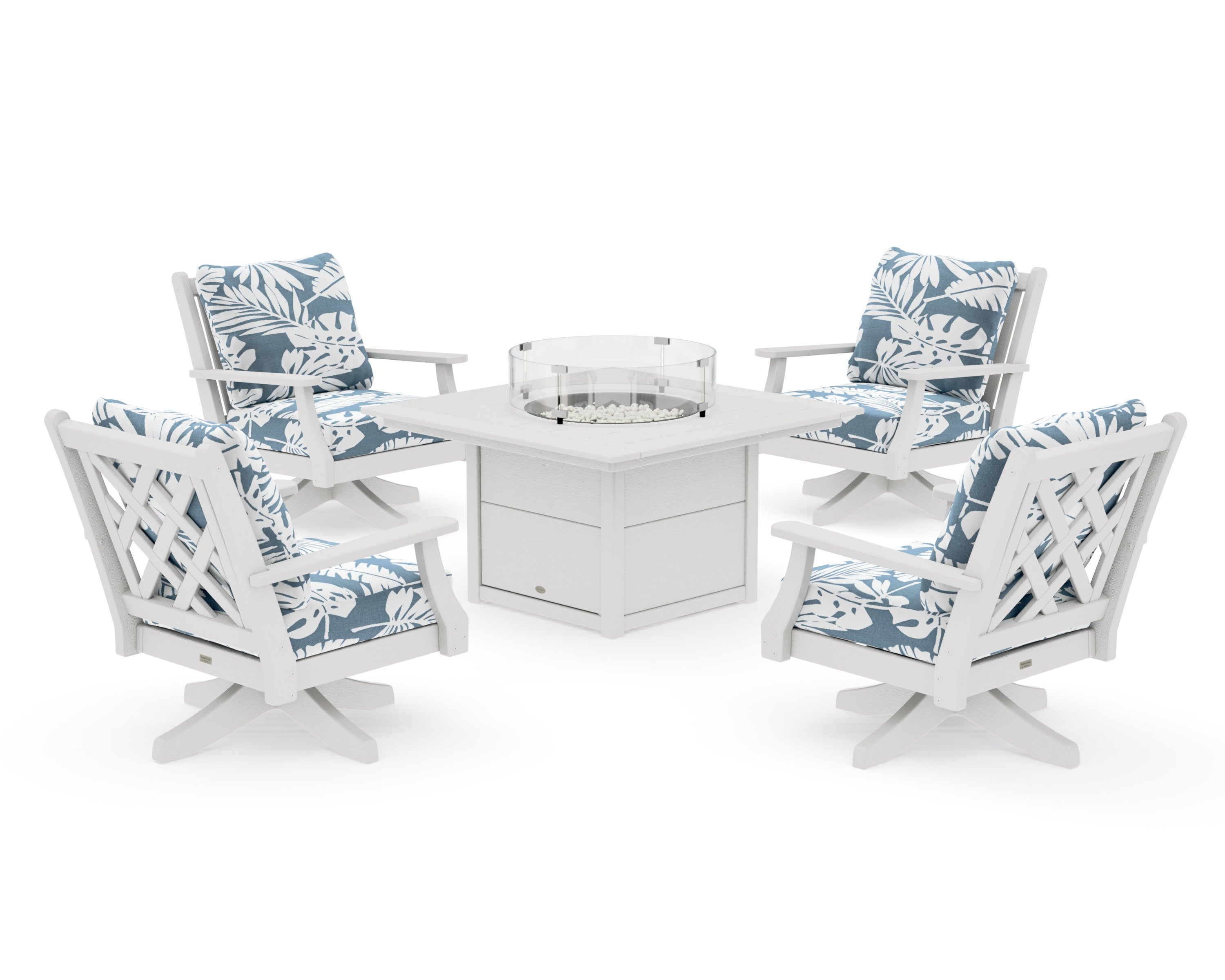 Wovendale 5-Piece Deep Seating Swivel Conversation Set with Fire Pit Table in Vintage White / Leaf Sky Blue