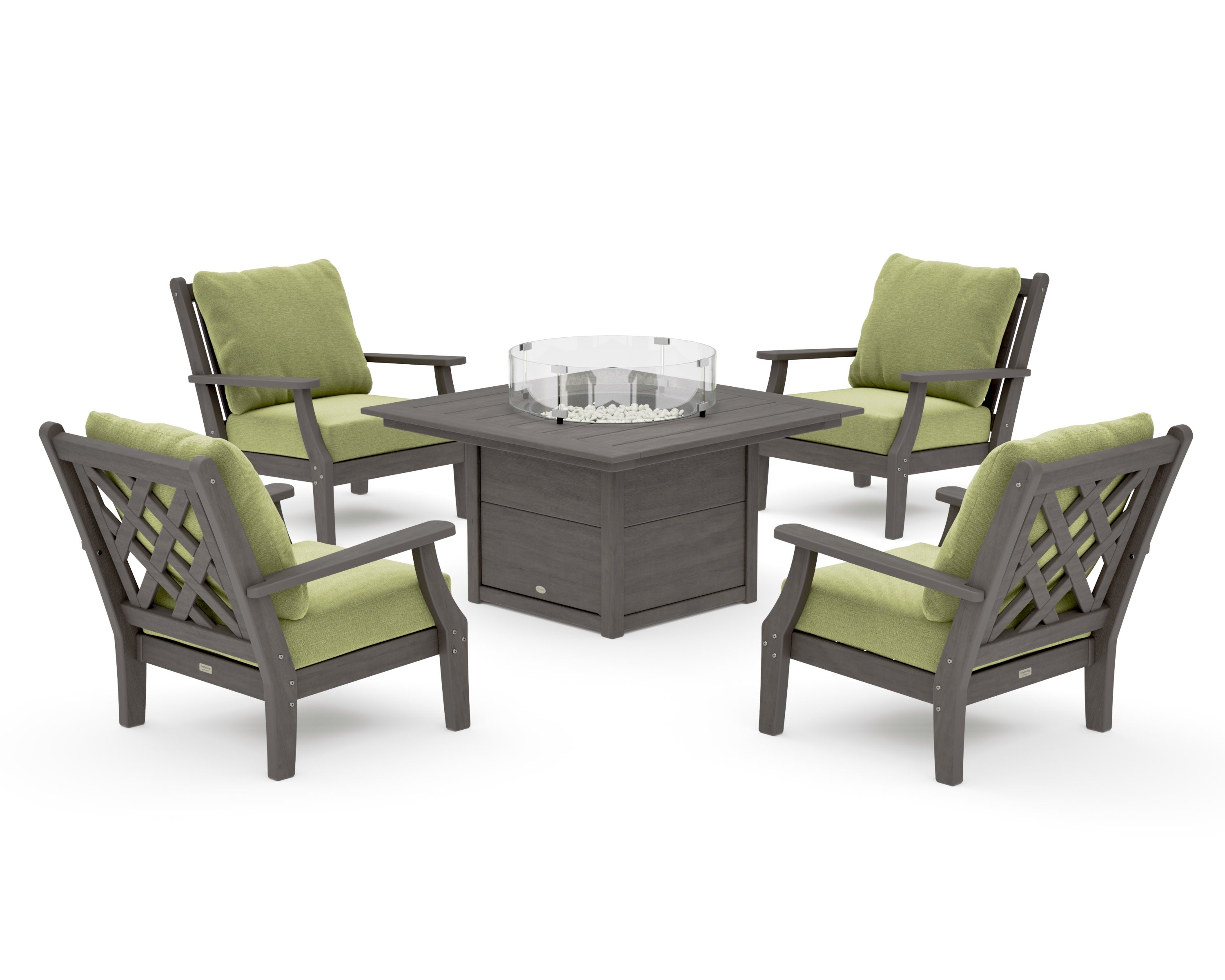 Wovendale 5-Piece Deep Seating Set with Fire Pit Table in Driftwood / Chartreuse Boucle