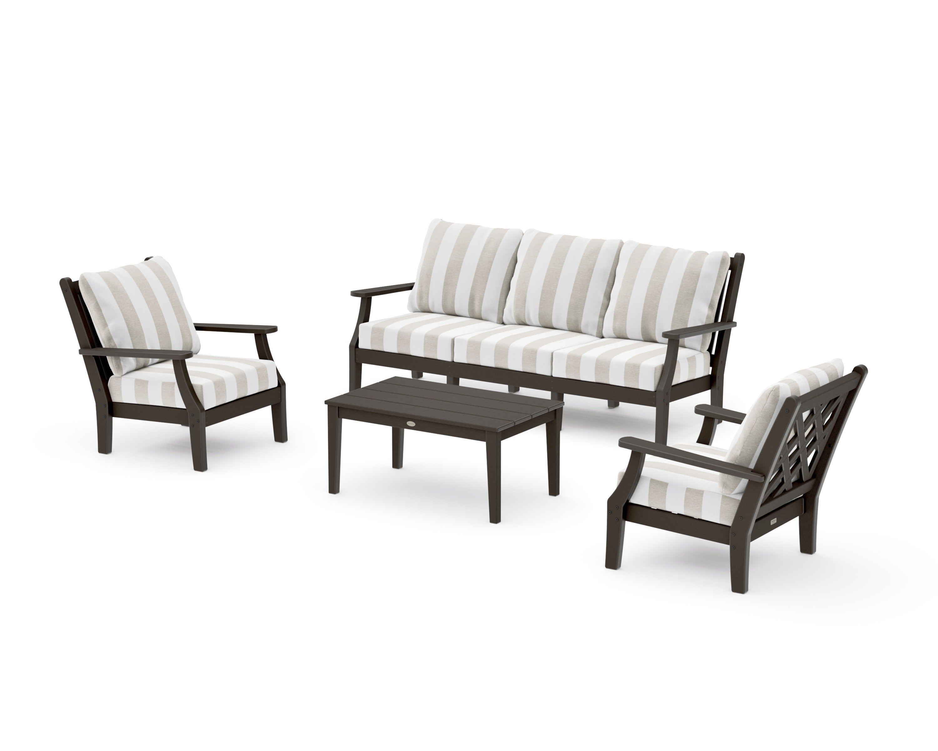 Wovendale 4-Piece Deep Seating Set with Sofa in Vintage Coffee / Cabana Stripe Dune Burlap