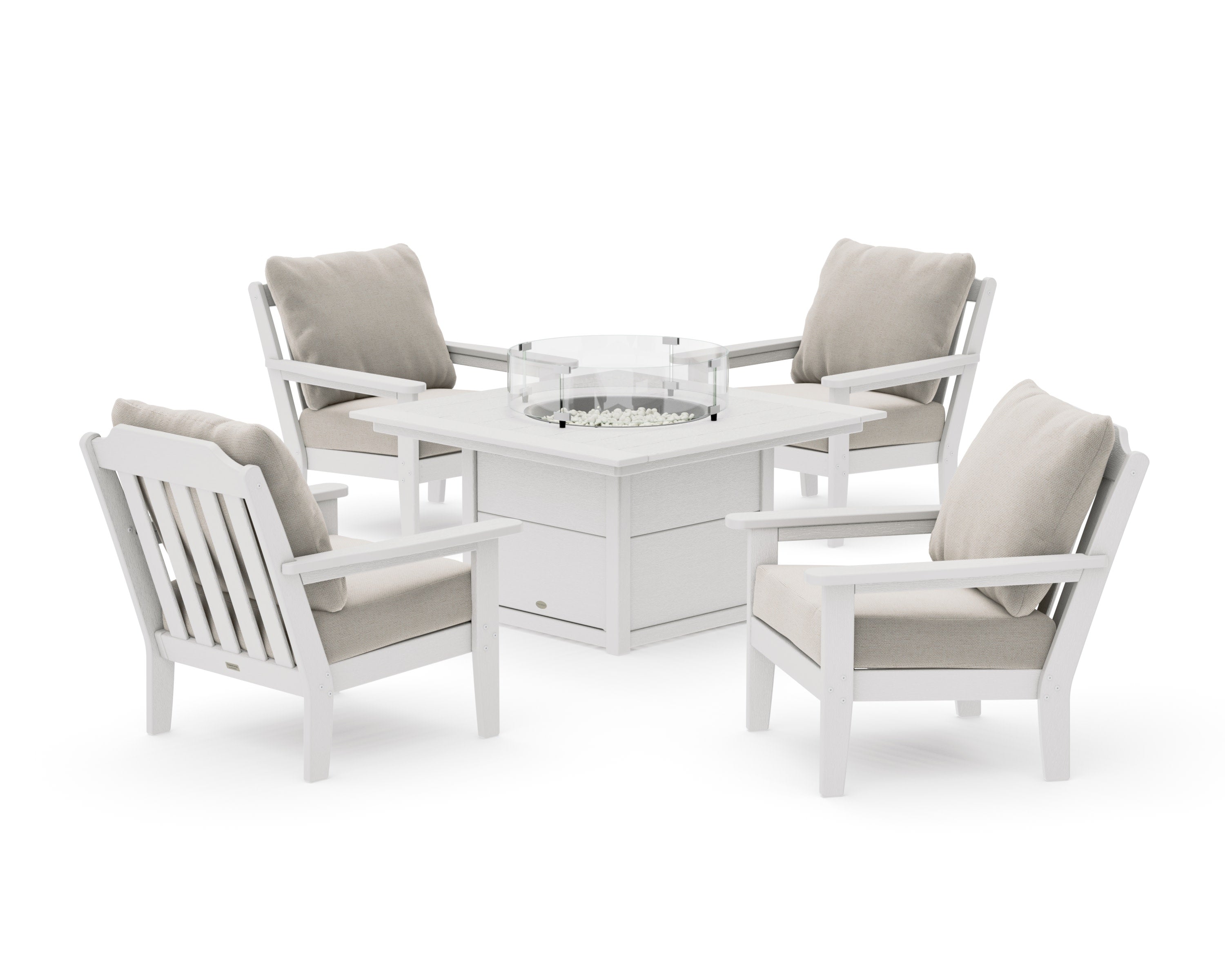 Cottage 5-Piece Deep Seating Set with Fire Pit Table in Vintage White / Dune Burlap
