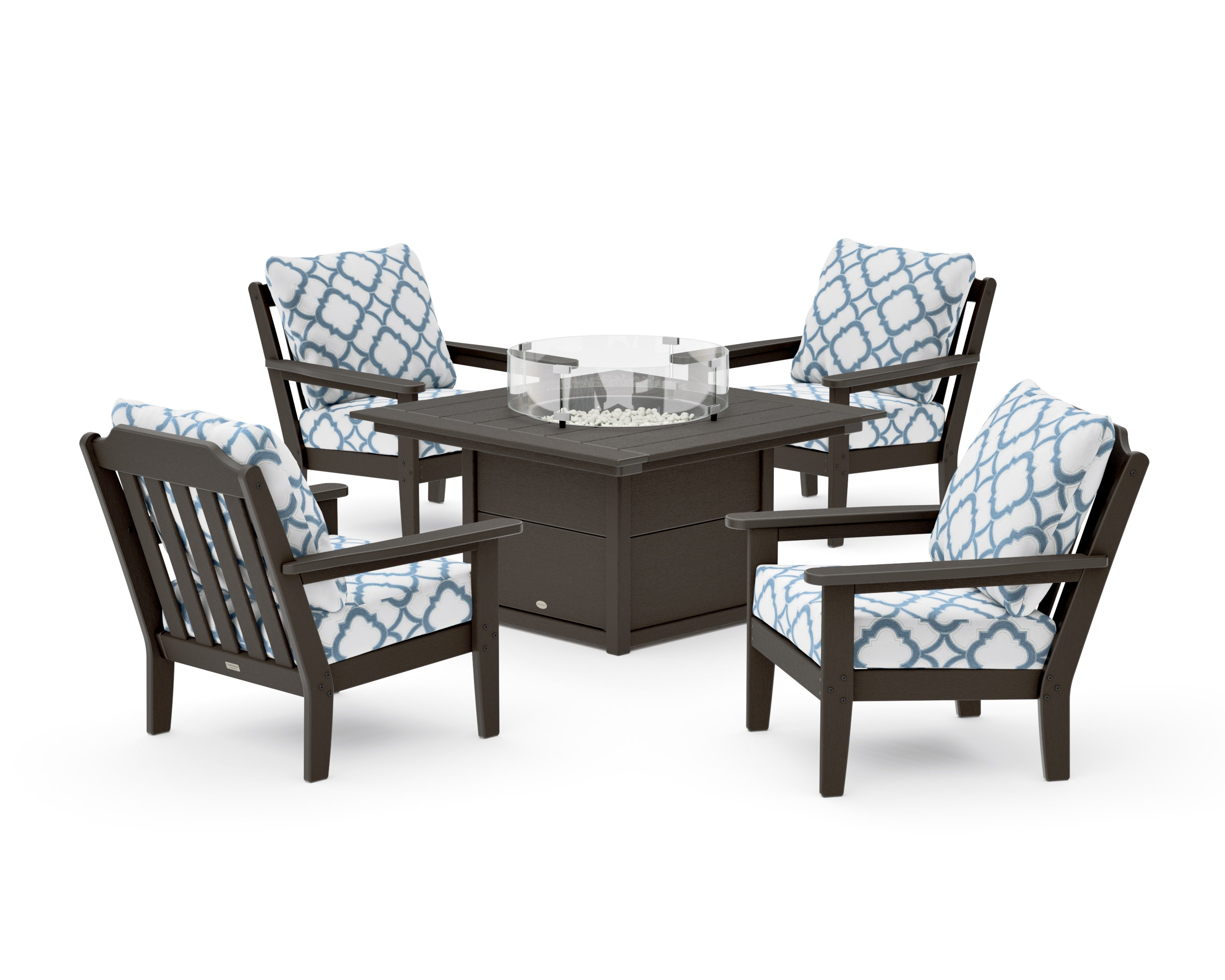Cottage 5-Piece Deep Seating Set with Fire Pit Table in Vintage Coffee / Trellis Sky Blue