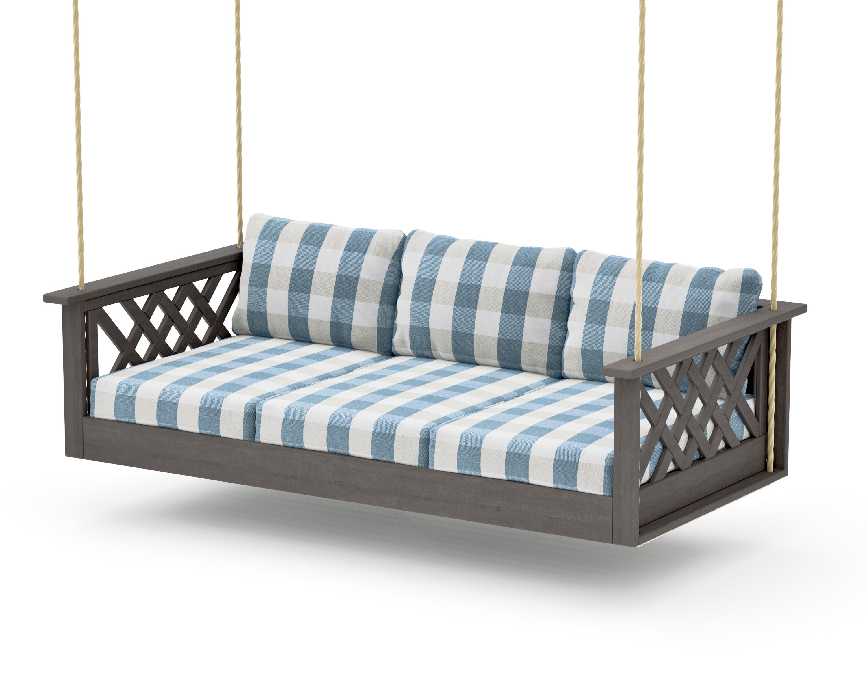 Wovendale Daybed Swing in Driftwood / Buffalo Plaid Sky Blue