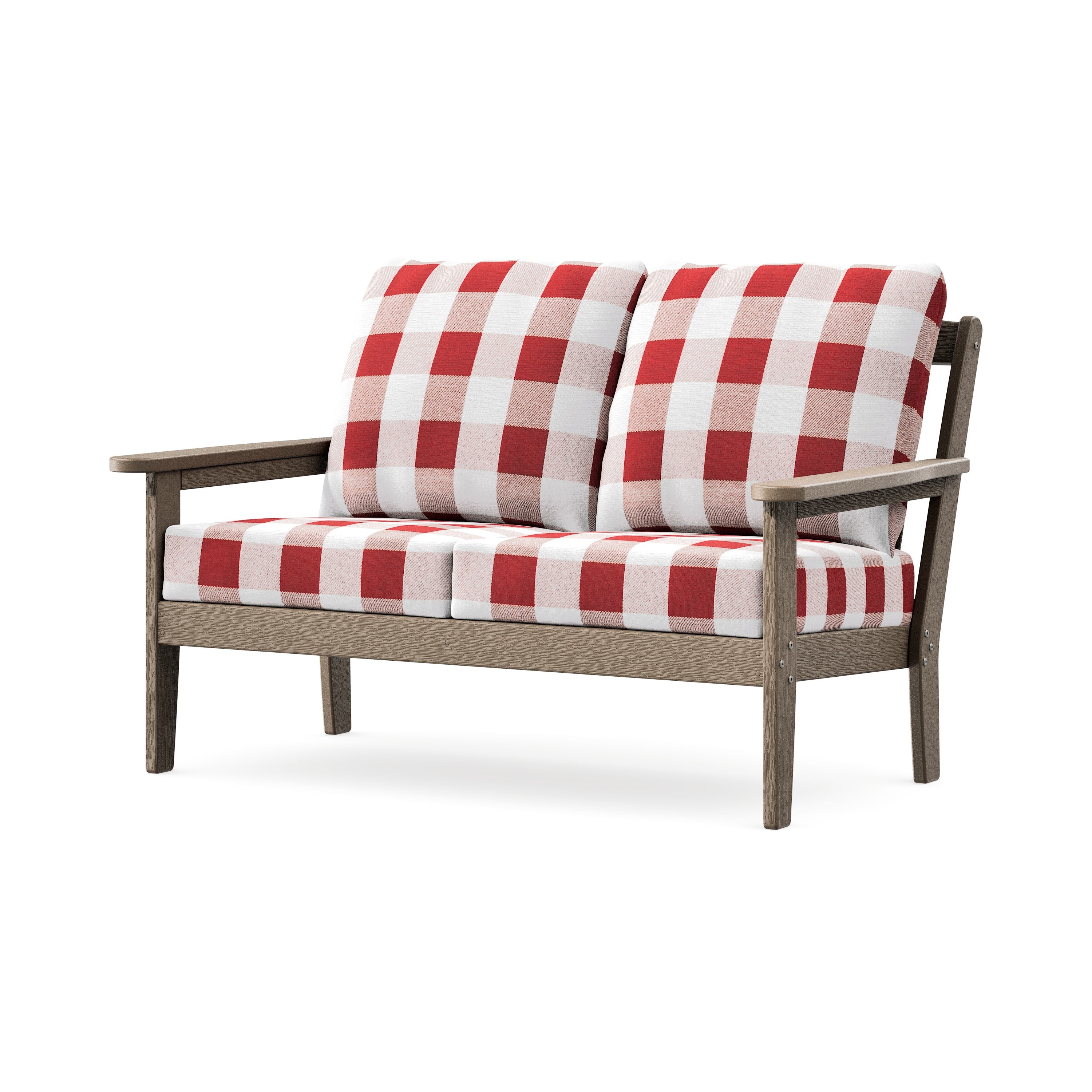 Cottage Deep Seating Loveseat in Vintage Sahara / Buffalo Plaid Crimson