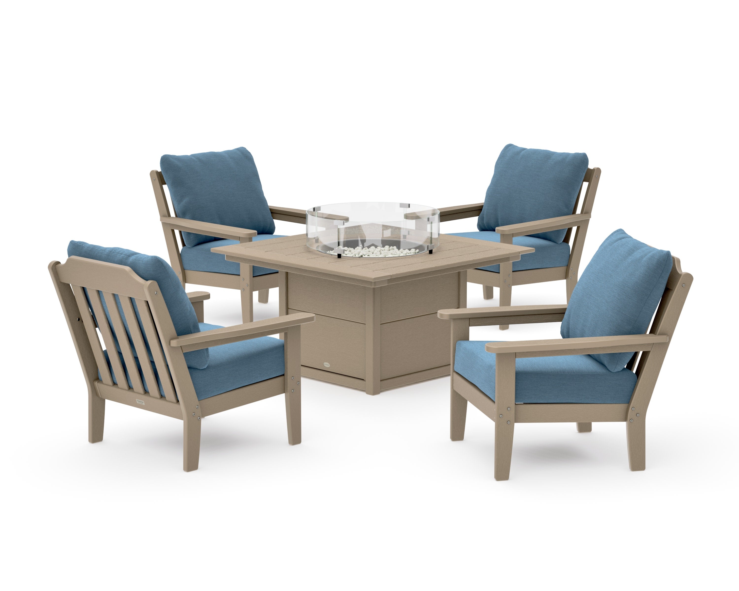 Cottage 5-Piece Deep Seating Set with Fire Pit Table in Vintage Sahara / Sky Blue