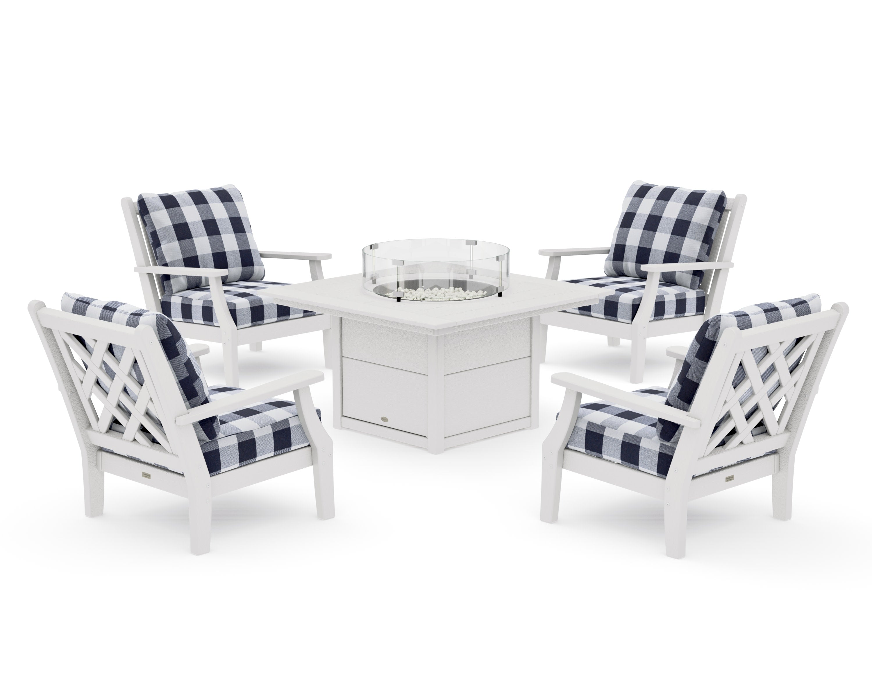 Wovendale 5-Piece Deep Seating Set with Fire Pit Table in Vintage White / Buffalo Plaid Navy