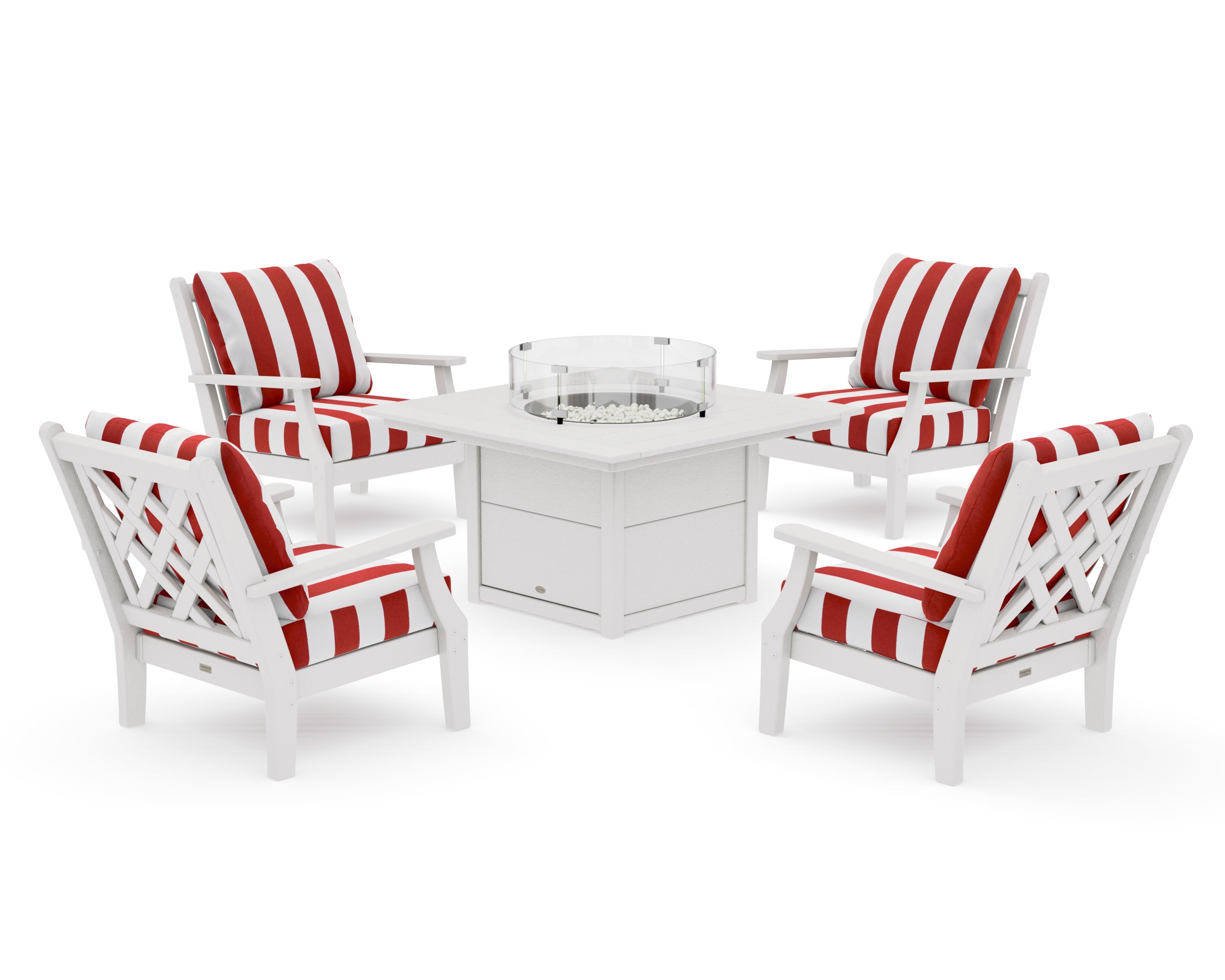 Wovendale 5-Piece Deep Seating Set with Fire Pit Table in Vintage White / Cabana Stripe Crimson