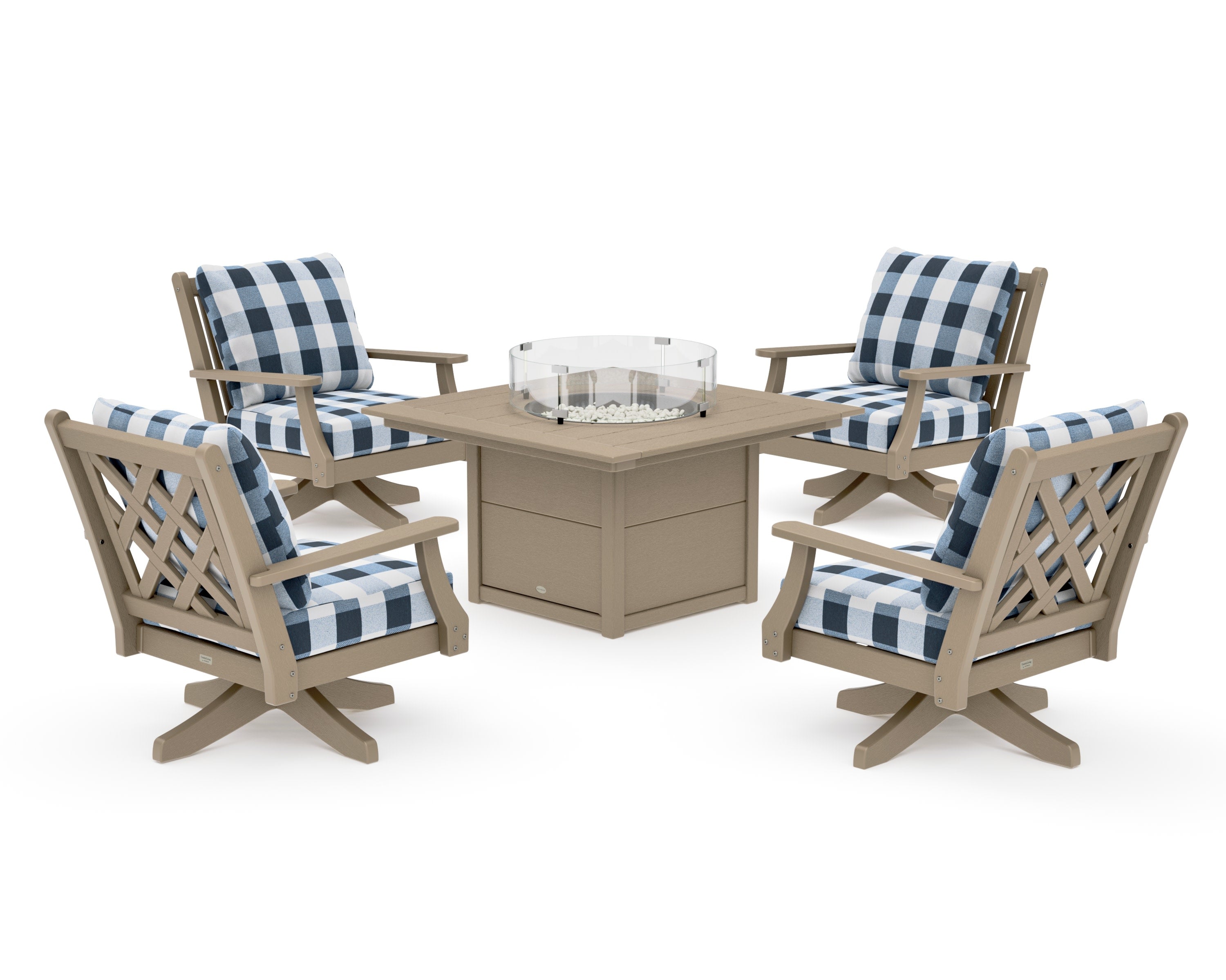 Wovendale 5-Piece Deep Seating Swivel Conversation Set with Fire Pit Table in Vintage Sahara / Buffalo Plaid Marine Indigo
