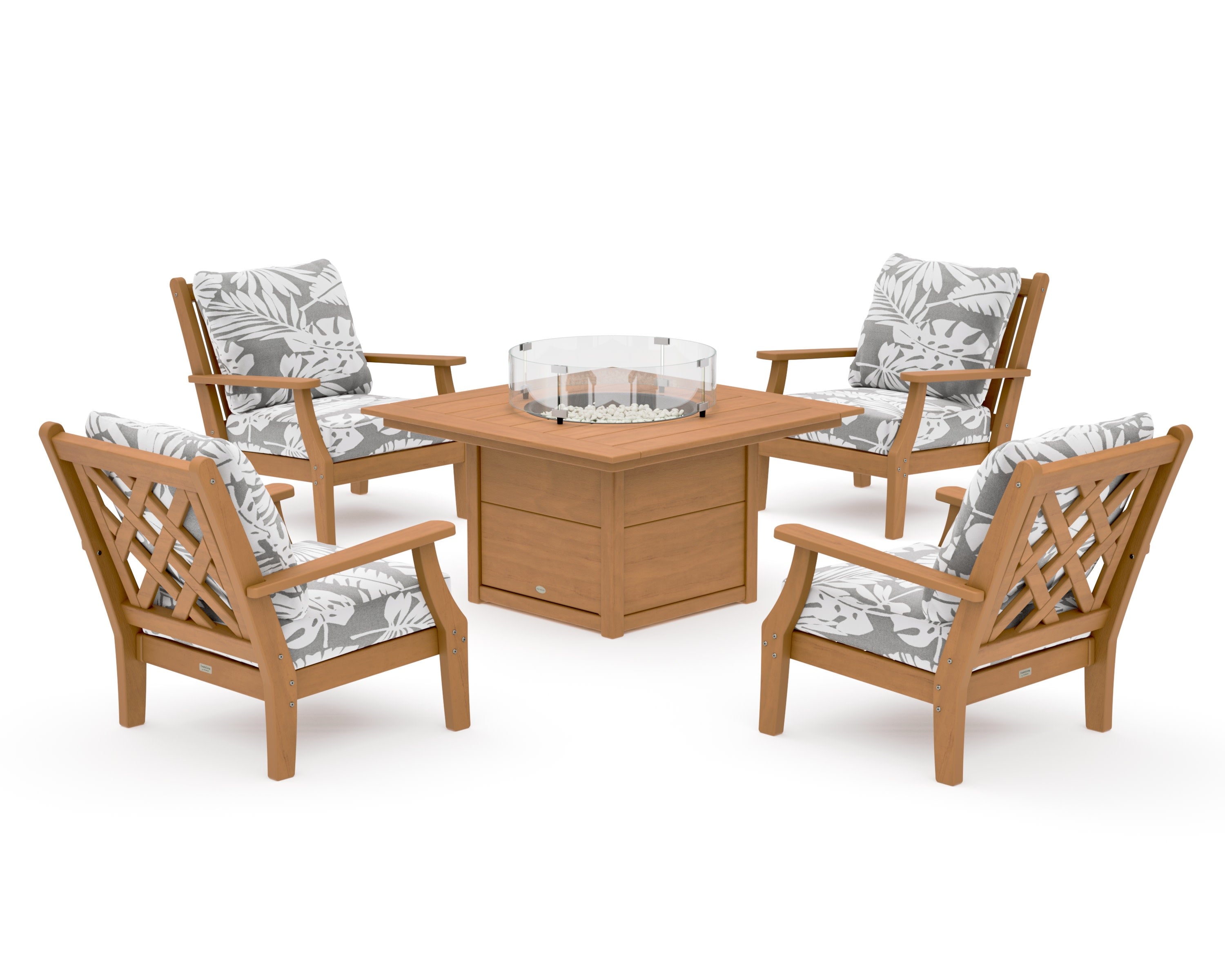 Wovendale 5-Piece Deep Seating Set with Fire Pit Table in Natural / Leaf Grey Mist
