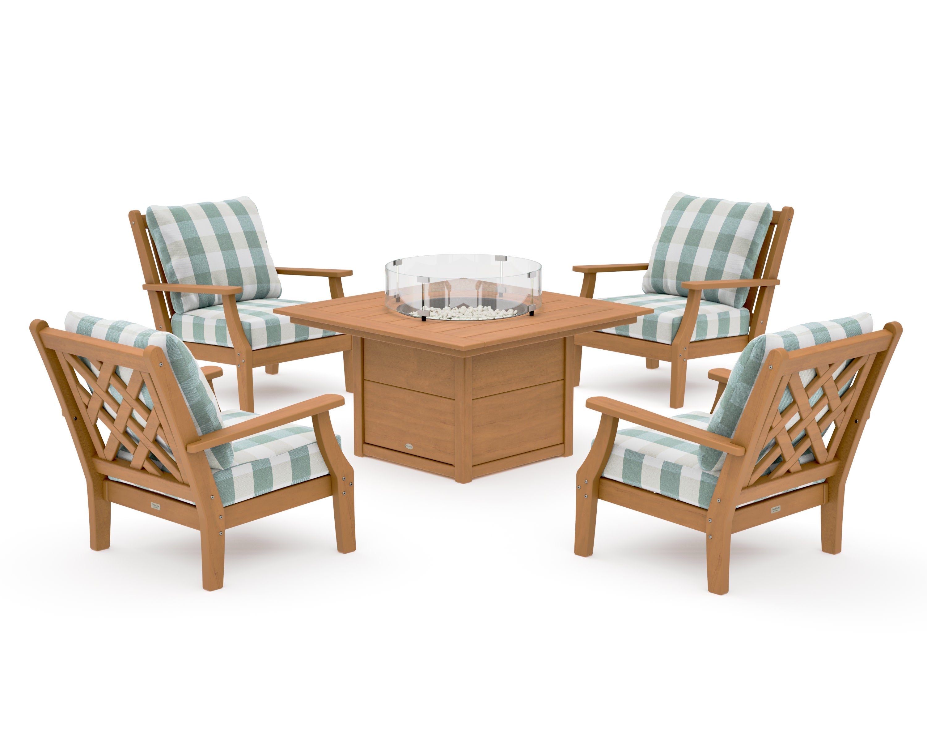 Wovendale 5-Piece Deep Seating Set with Fire Pit Table in Natural / Buffalo Plaid Glacier Spa