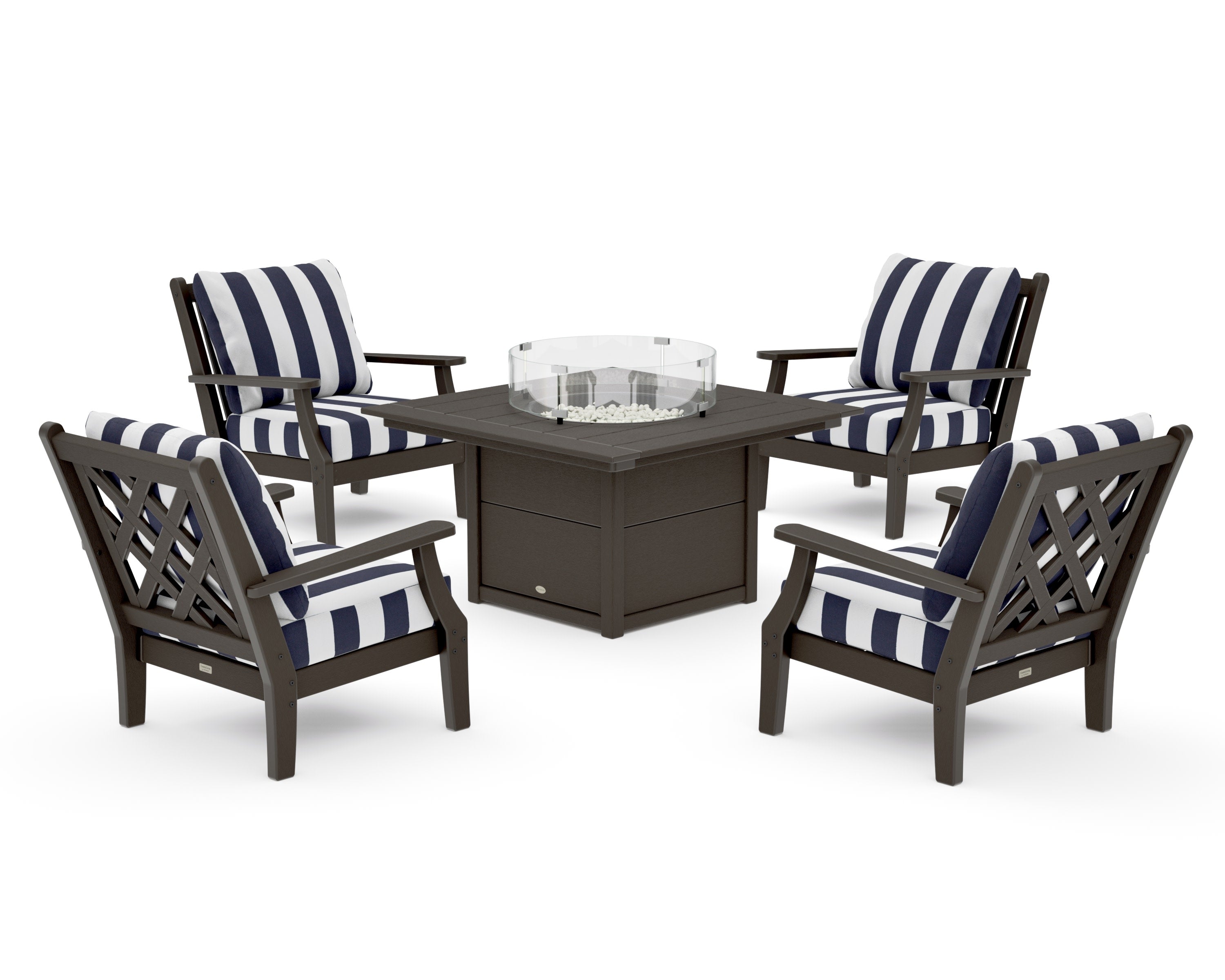 Wovendale 5-Piece Deep Seating Set with Fire Pit Table in Vintage Coffee / Cabana Stripe Navy