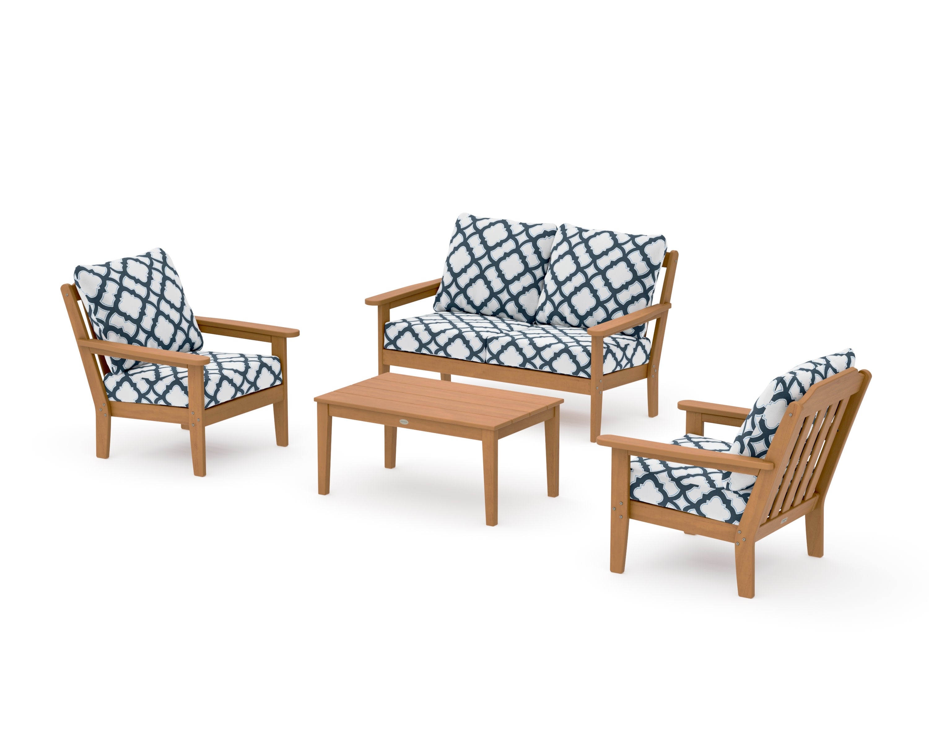Cottage 4-Piece Deep Seating Set with Loveseat in Natural / Trellis Marine Indigo
