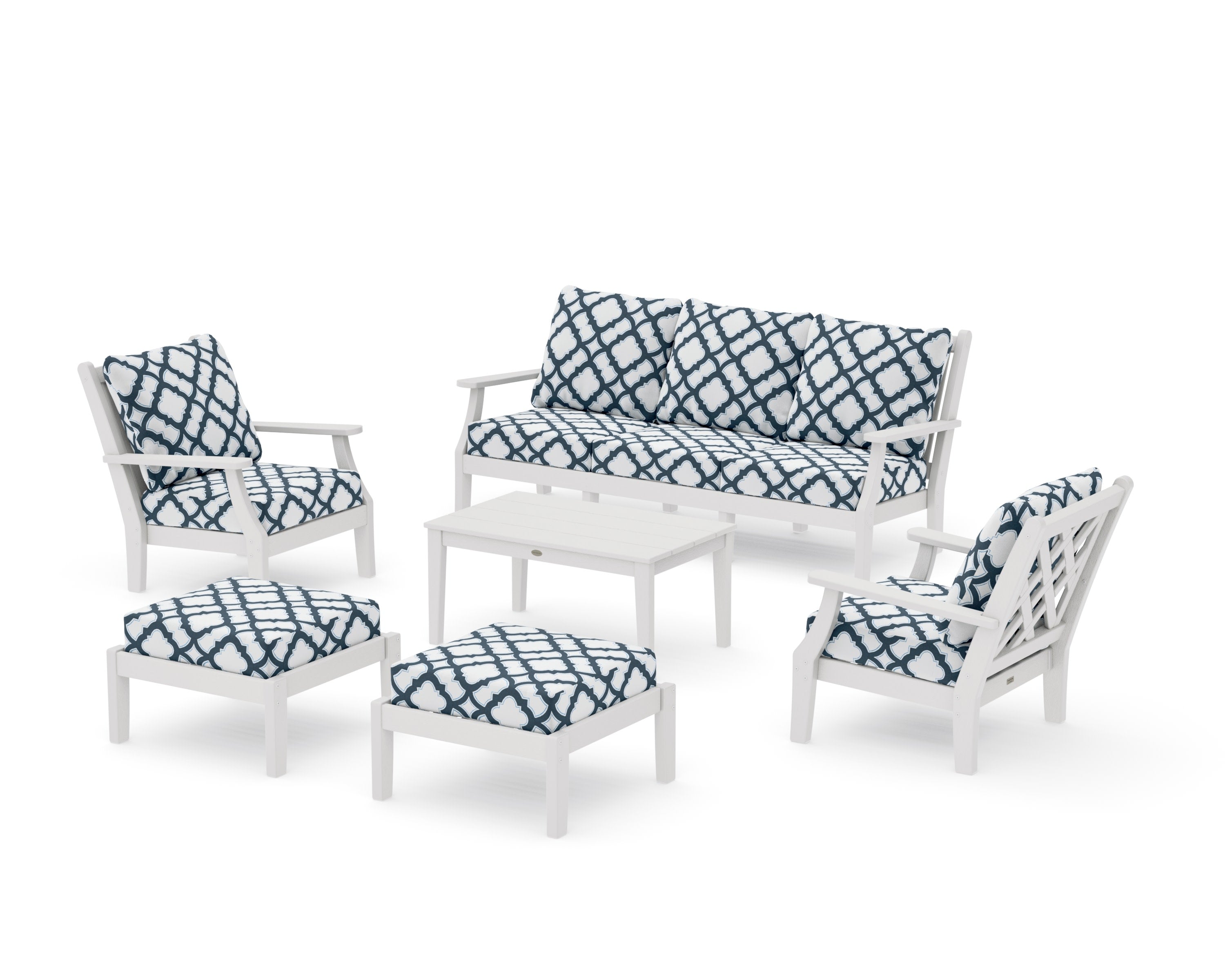 Wovendale 6-Piece Lounge Sofa Set in Vintage White / Trellis Marine Indigo