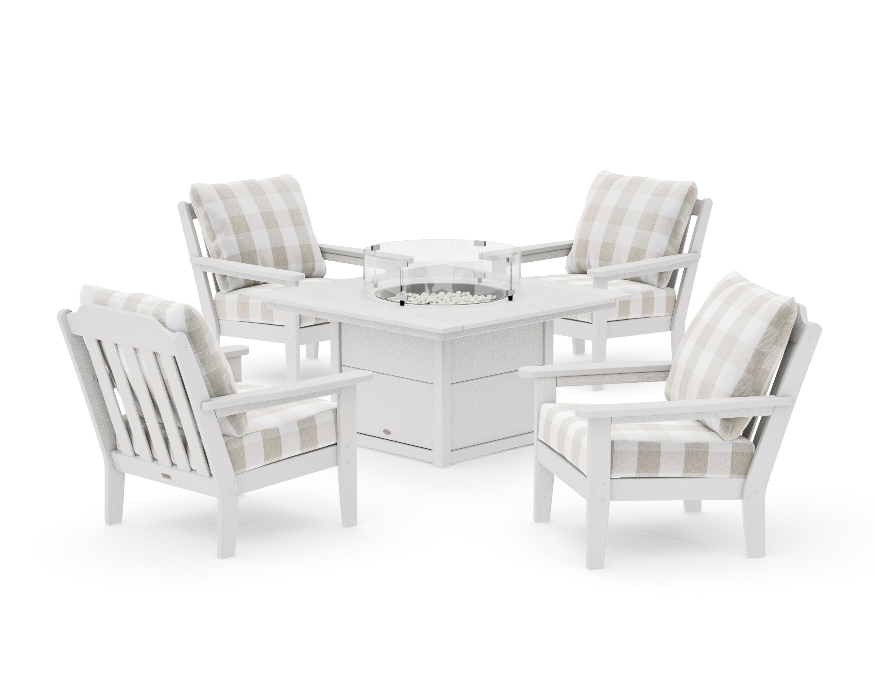 Cottage 5-Piece Deep Seating Set with Fire Pit Table in Vintage White / Buffalo Plaid Dune Burlap