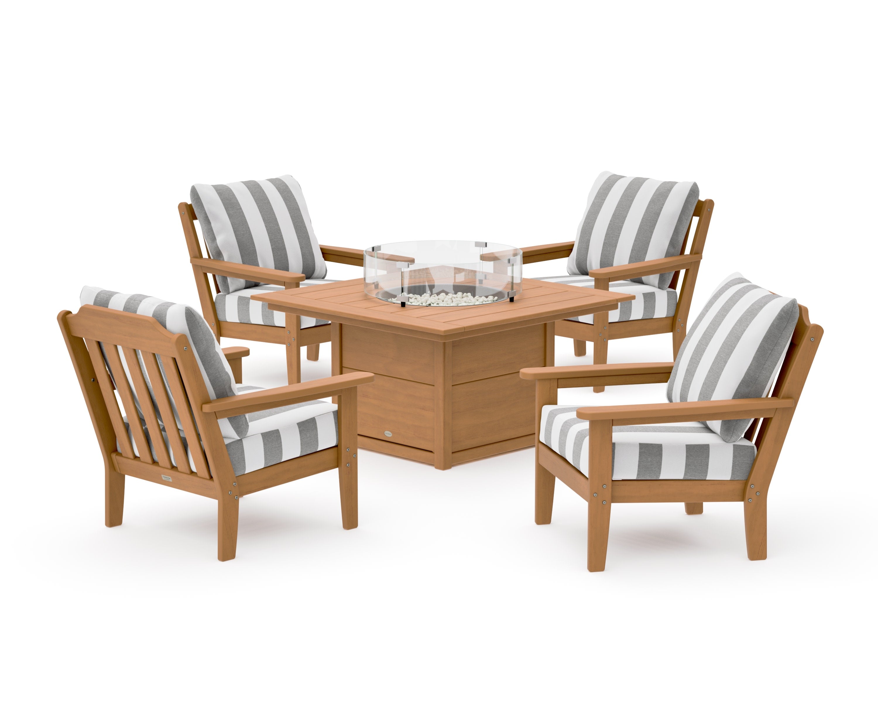 Cottage 5-Piece Deep Seating Set with Fire Pit Table in Natural / Cabana Stripe Grey Mist