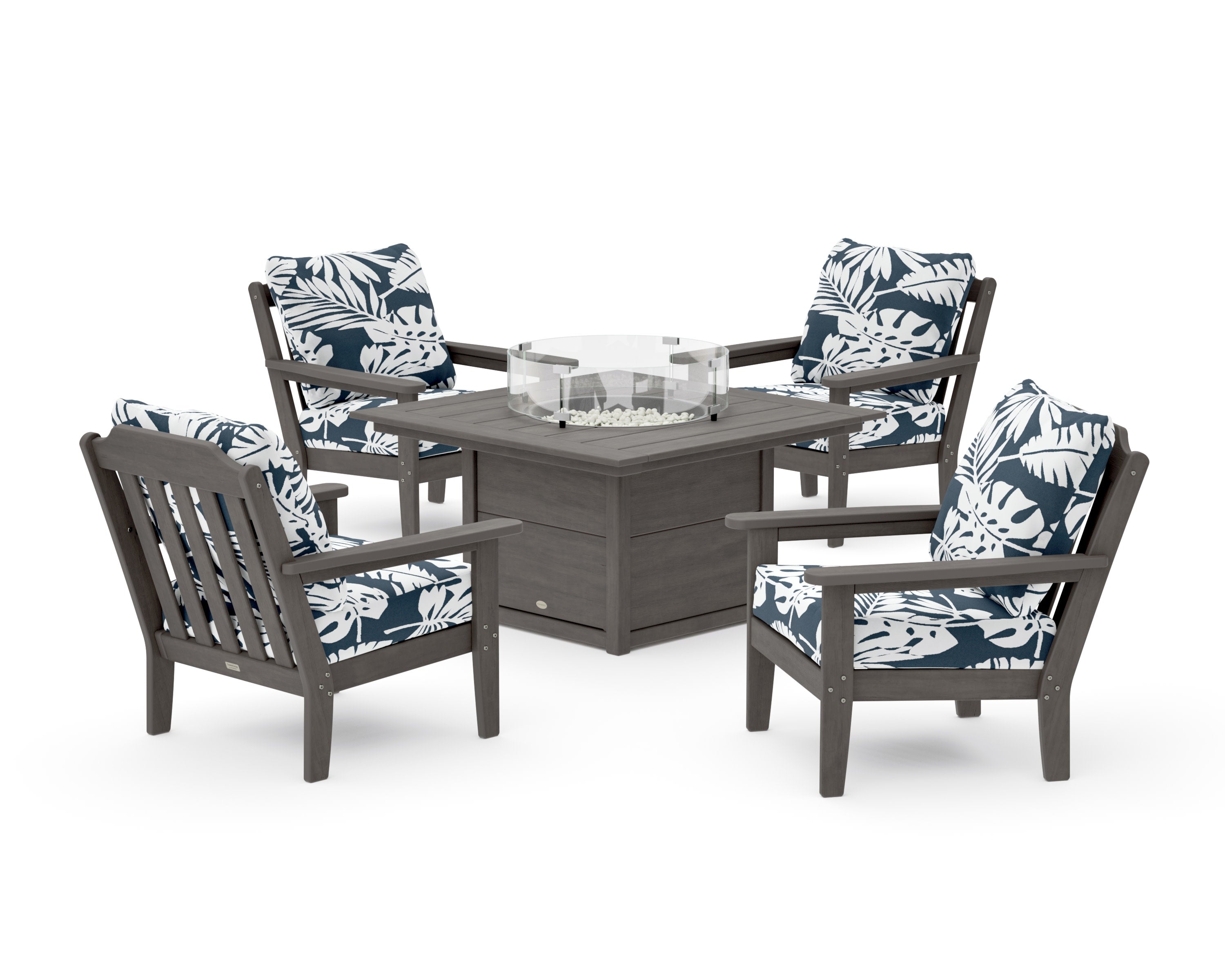 Cottage 5-Piece Deep Seating Set with Fire Pit Table in Driftwood / Leaf Marine Indigo