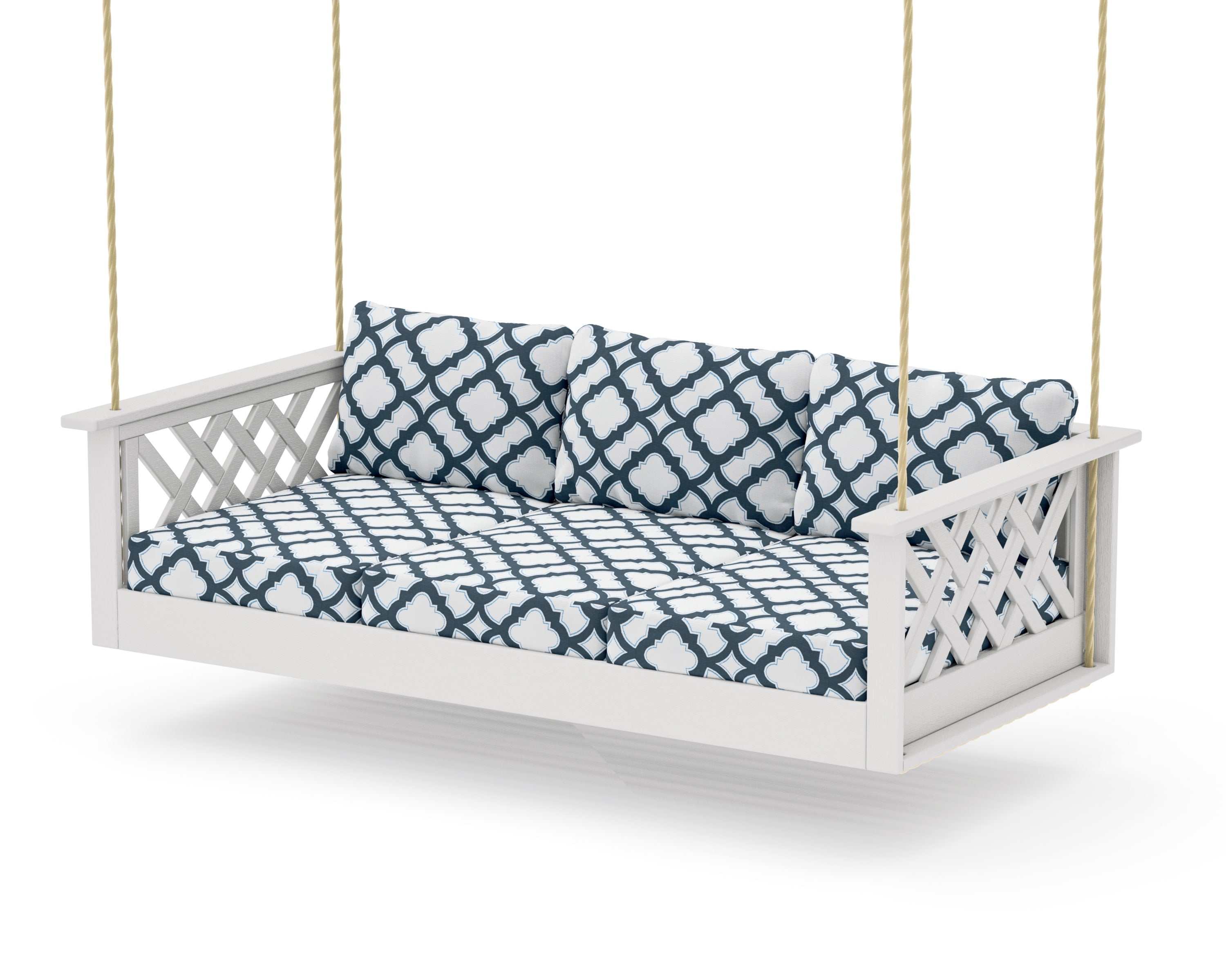 Wovendale Daybed Swing in Vintage White / Trellis Marine Indigo