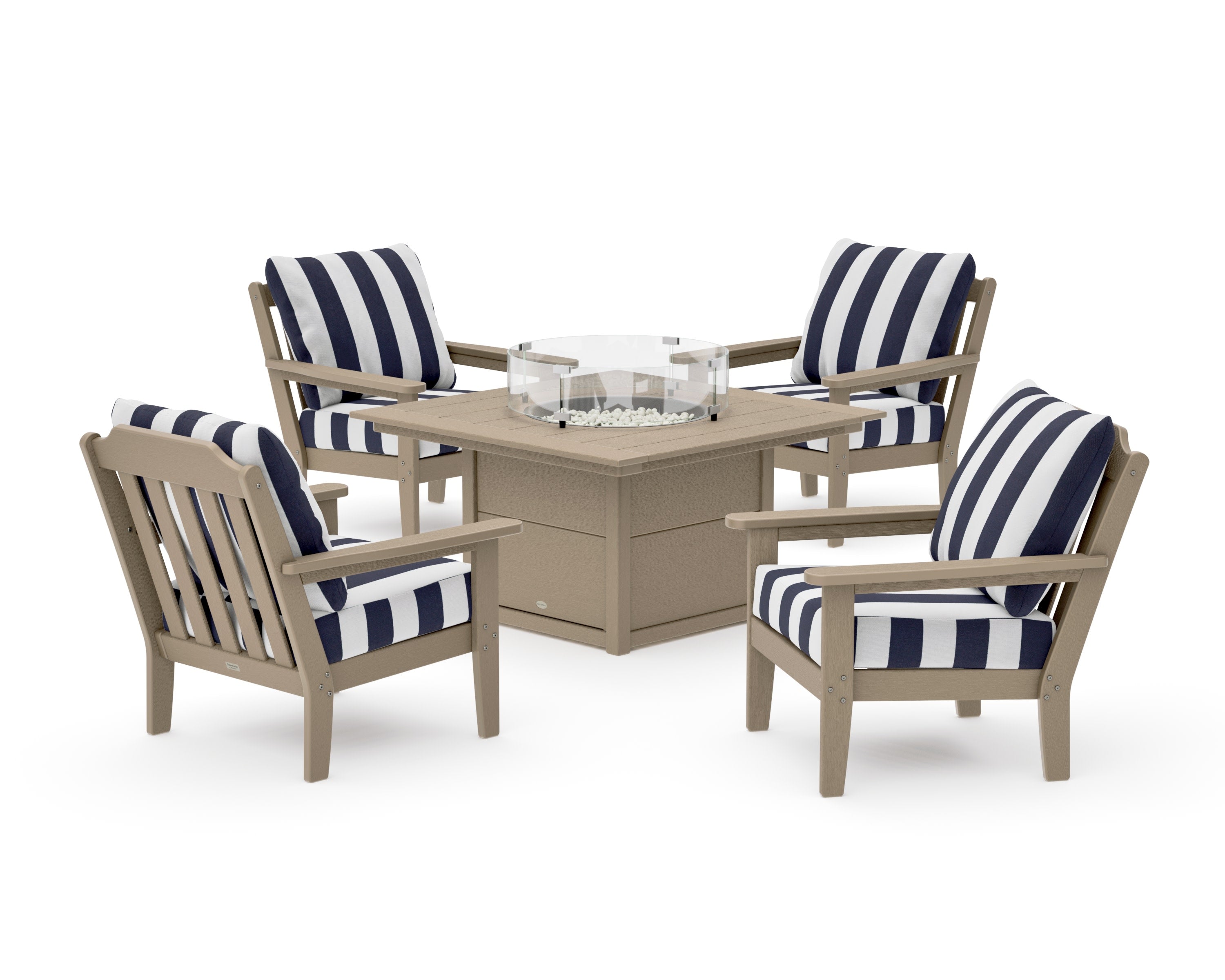 Cottage 5-Piece Deep Seating Set with Fire Pit Table in Vintage Sahara / Cabana Stripe Navy
