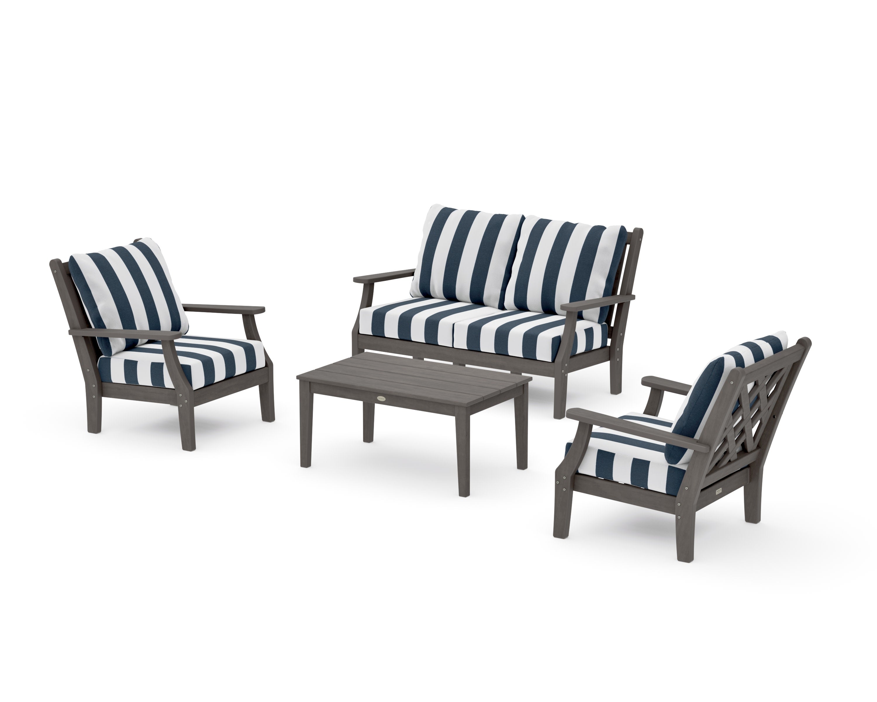 Wovendale 4-Piece Deep Seating Set with Loveseat in Driftwood / Cabana Stripe Marine Indigo