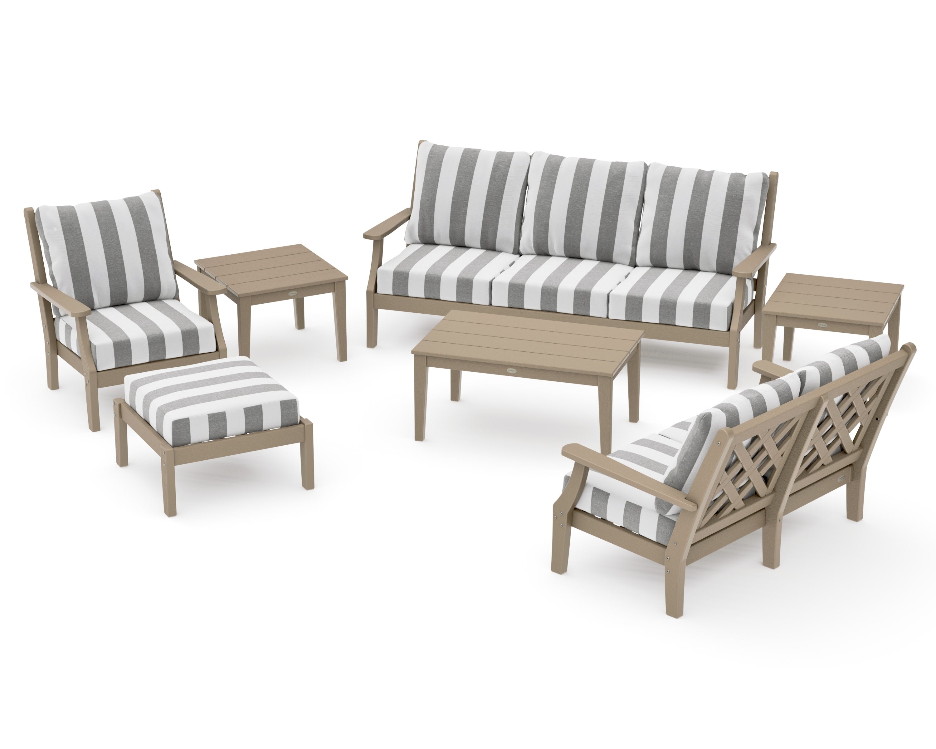 Wovendale 7-Piece Deep Seating Set in Vintage Sahara / Cabana Stripe Grey Mist