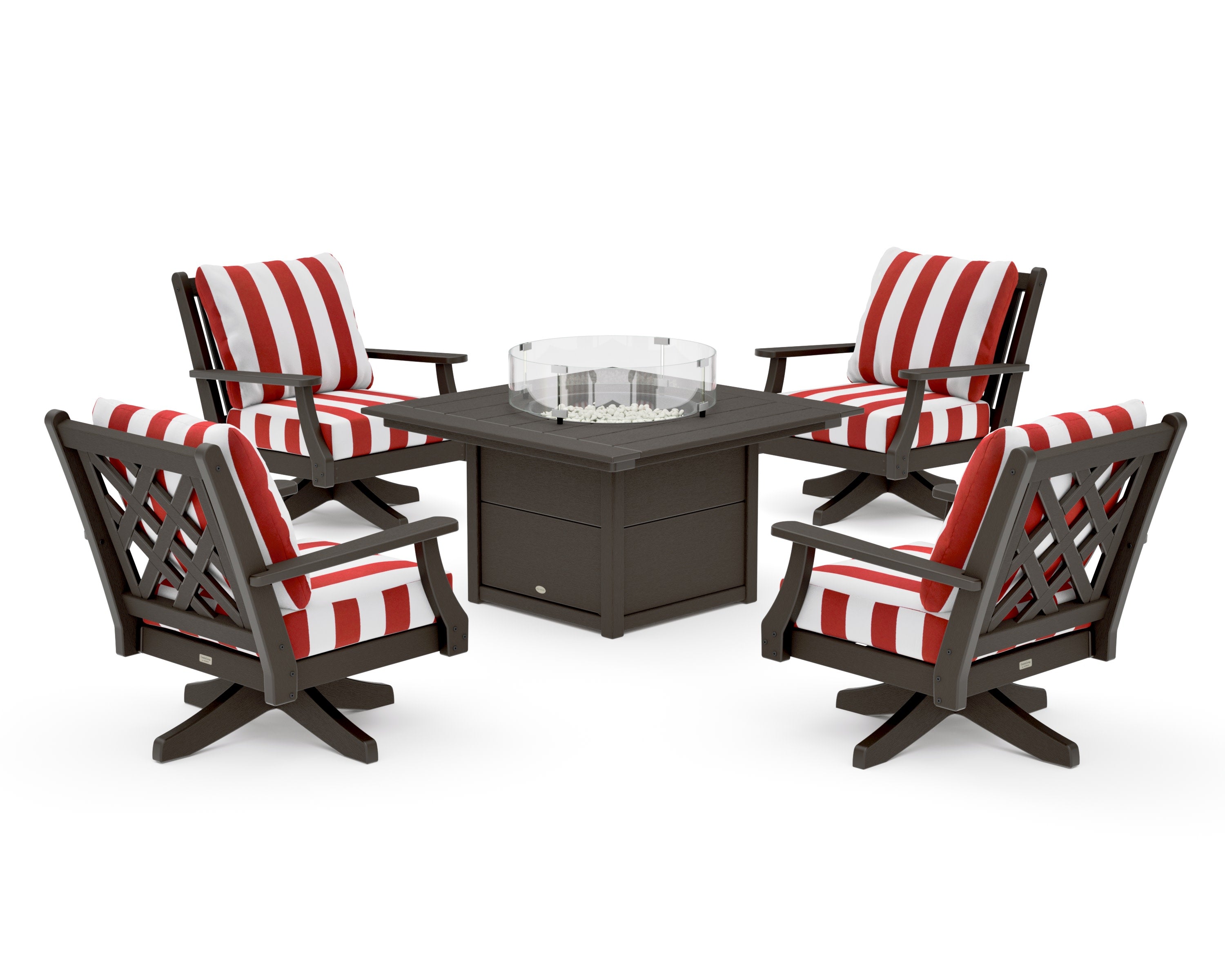 Wovendale 5-Piece Deep Seating Swivel Conversation Set with Fire Pit Table in Vintage Coffee / Cabana Stripe Crimson