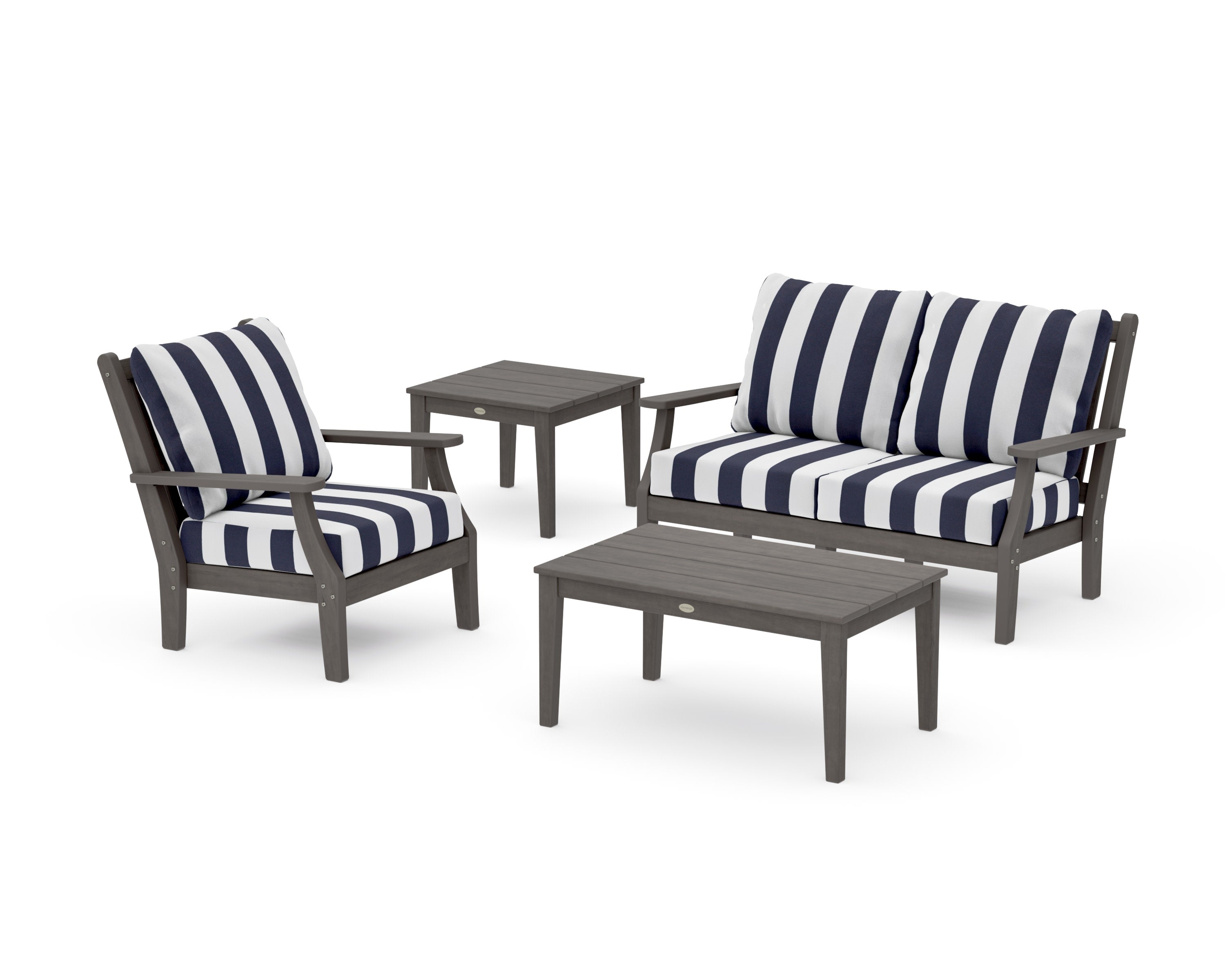 Wovendale 4-Piece Deep Seating Set in Driftwood / Cabana Stripe Navy