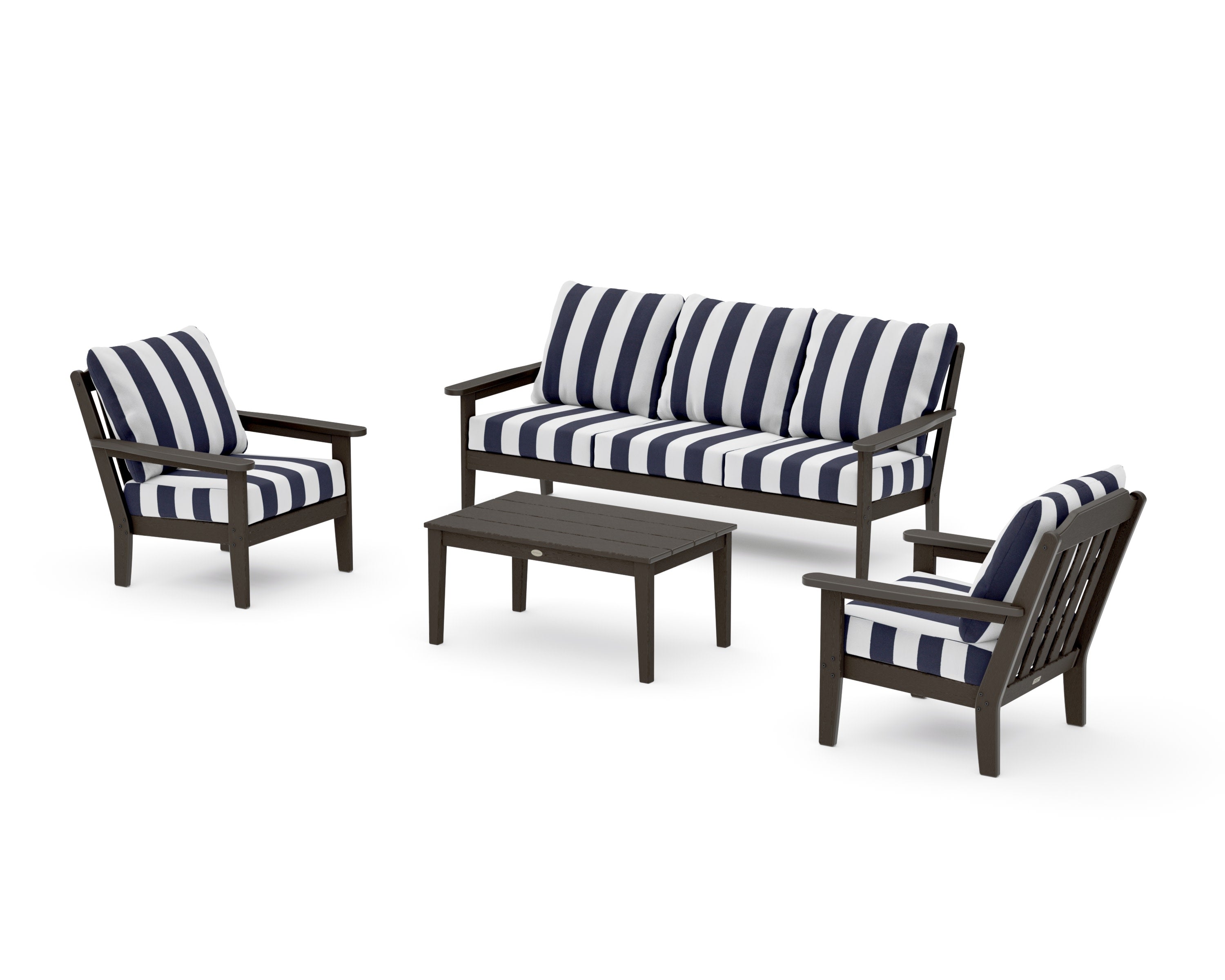 Cottage 4-Piece Deep Seating Set with Sofa in Vintage Coffee / Cabana Stripe Navy