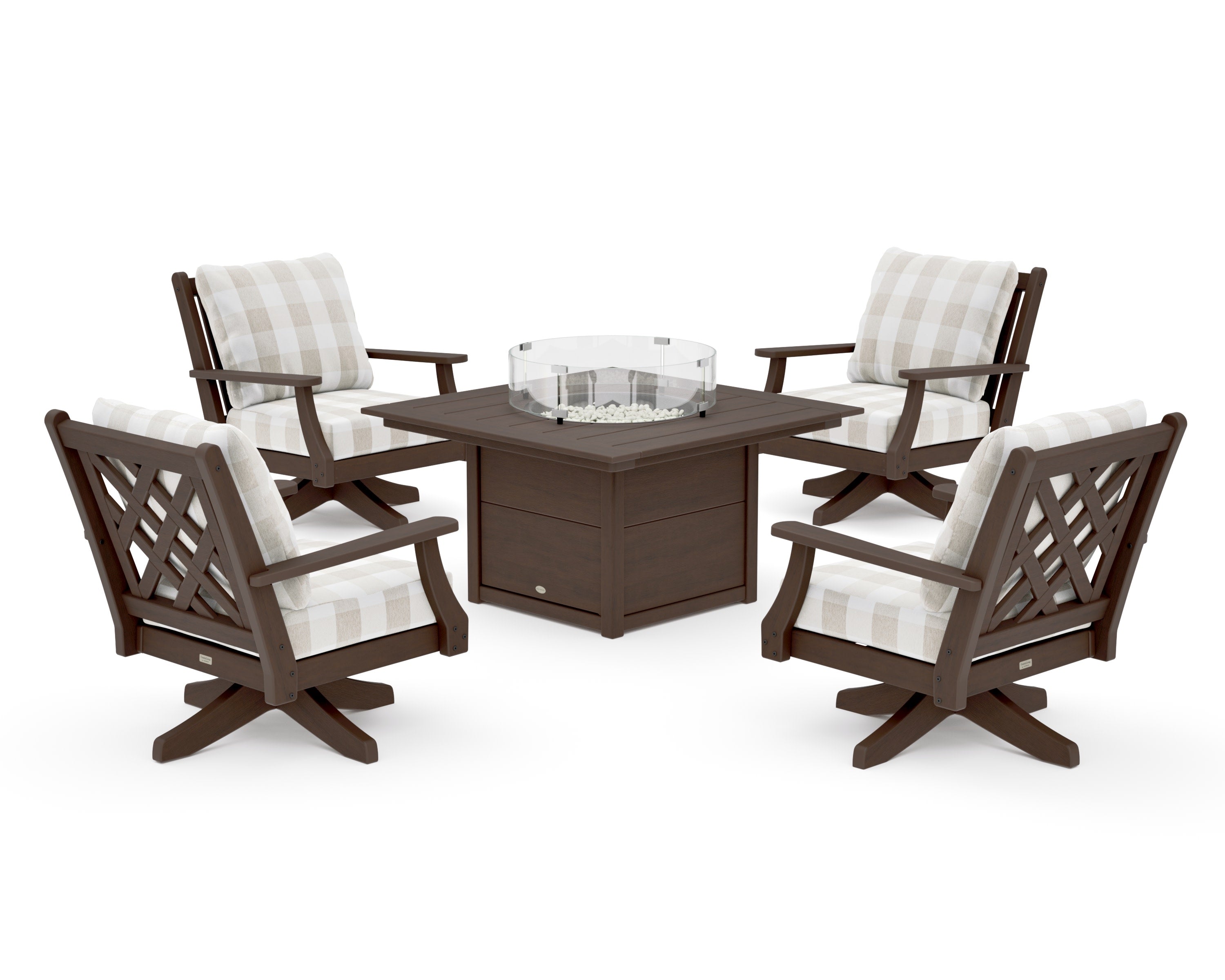 Wovendale 5-Piece Deep Seating Swivel Conversation Set with Fire Pit Table in Kona / Buffalo Plaid Dune Burlap