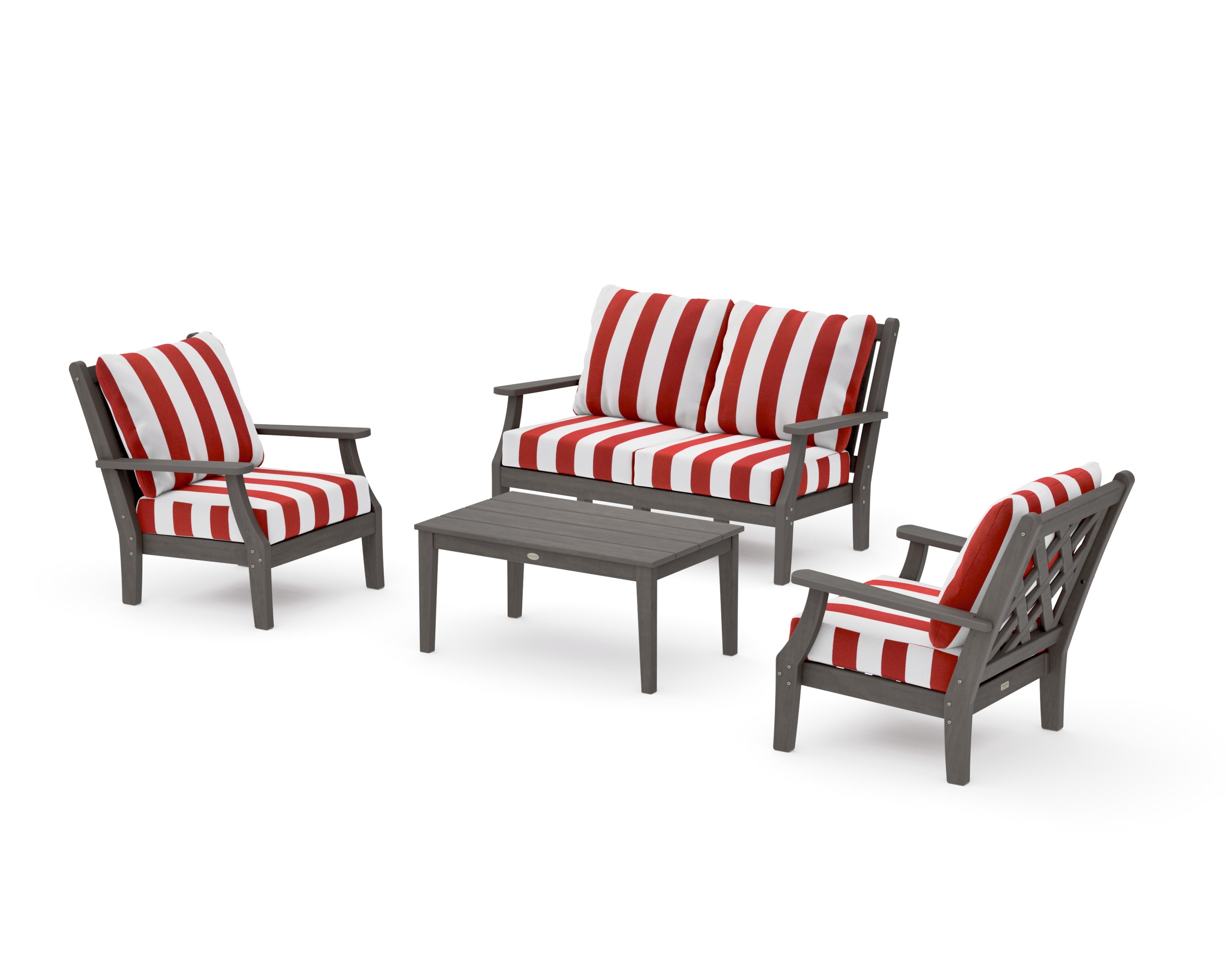 Wovendale 4-Piece Deep Seating Set with Loveseat in Driftwood / Cabana Stripe Crimson