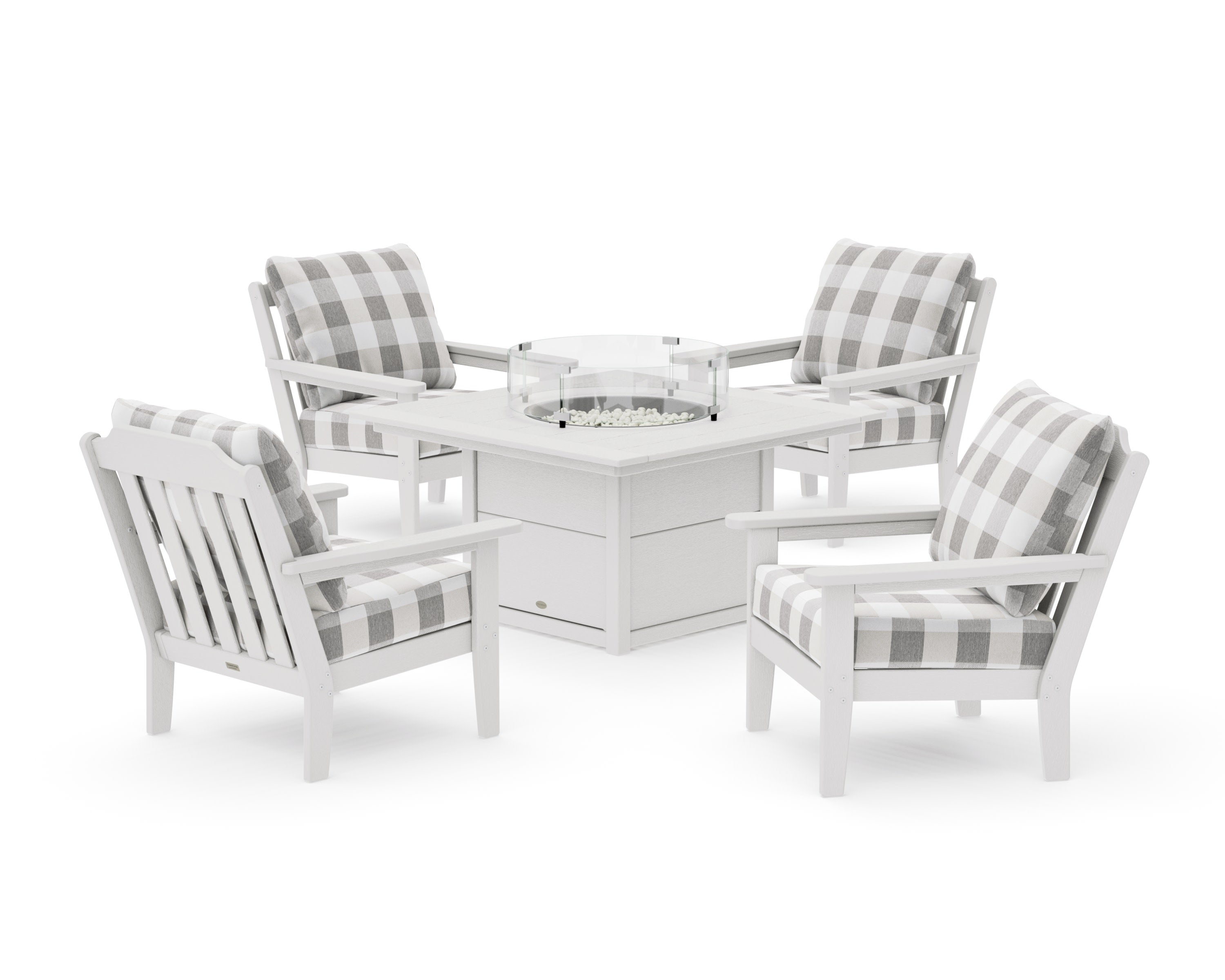 Cottage 5-Piece Deep Seating Set with Fire Pit Table in Vintage White / Buffalo Plaid Grey Mist