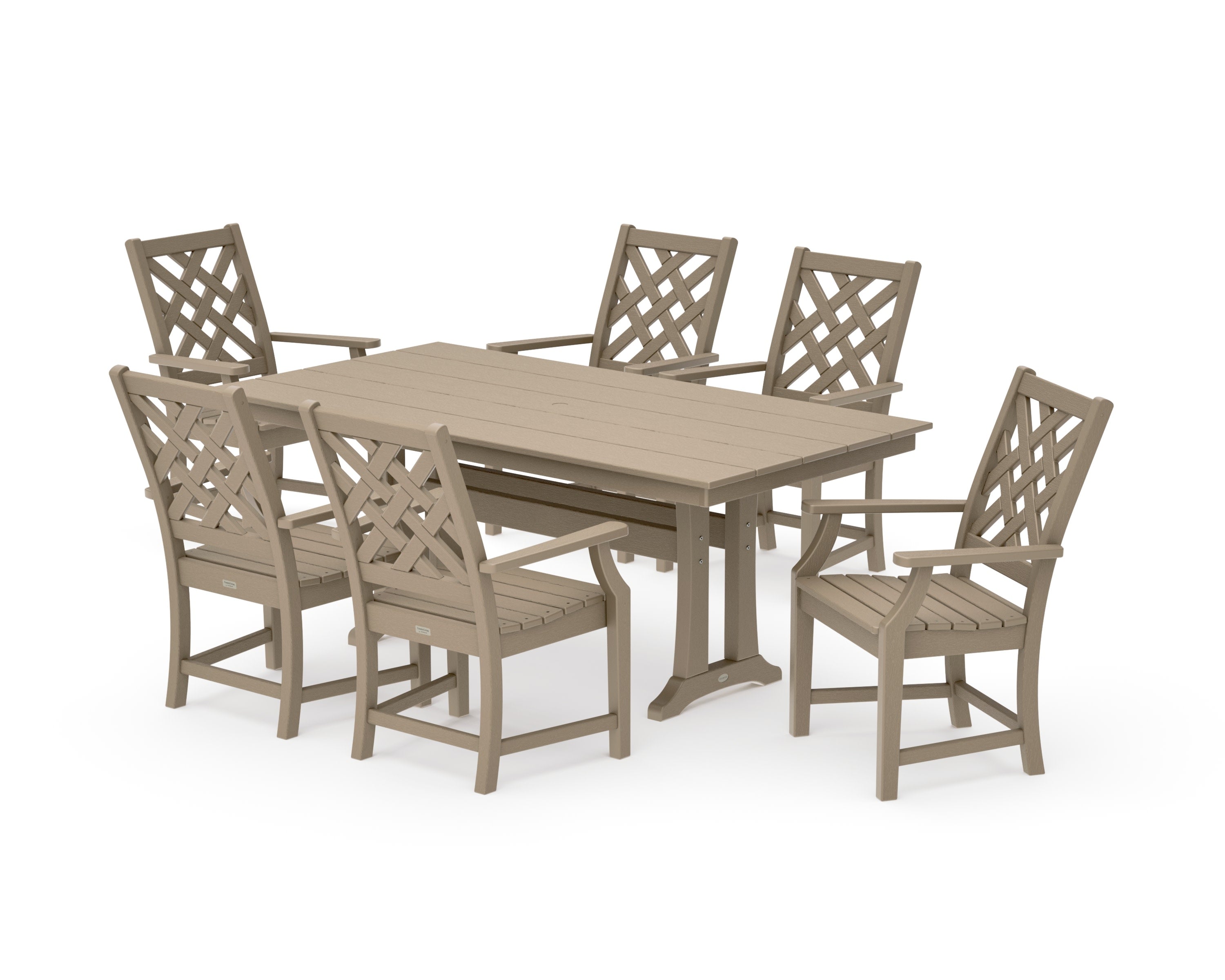Wovendale Arm Chair 7-Piece Farmhouse Dining Set with Trestle Legs in Vintage Sahara