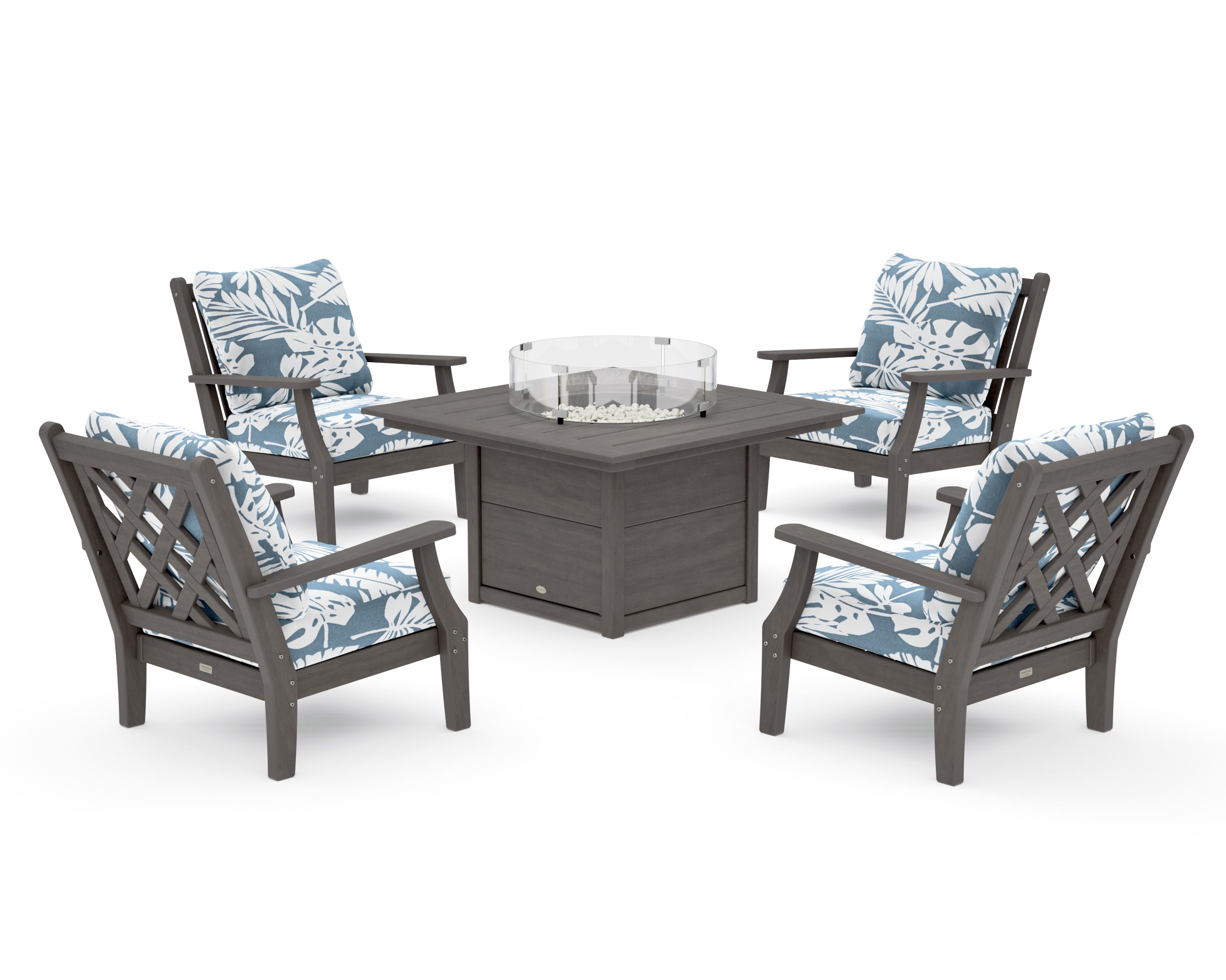 Wovendale 5-Piece Deep Seating Set with Fire Pit Table in Driftwood / Leaf Sky Blue