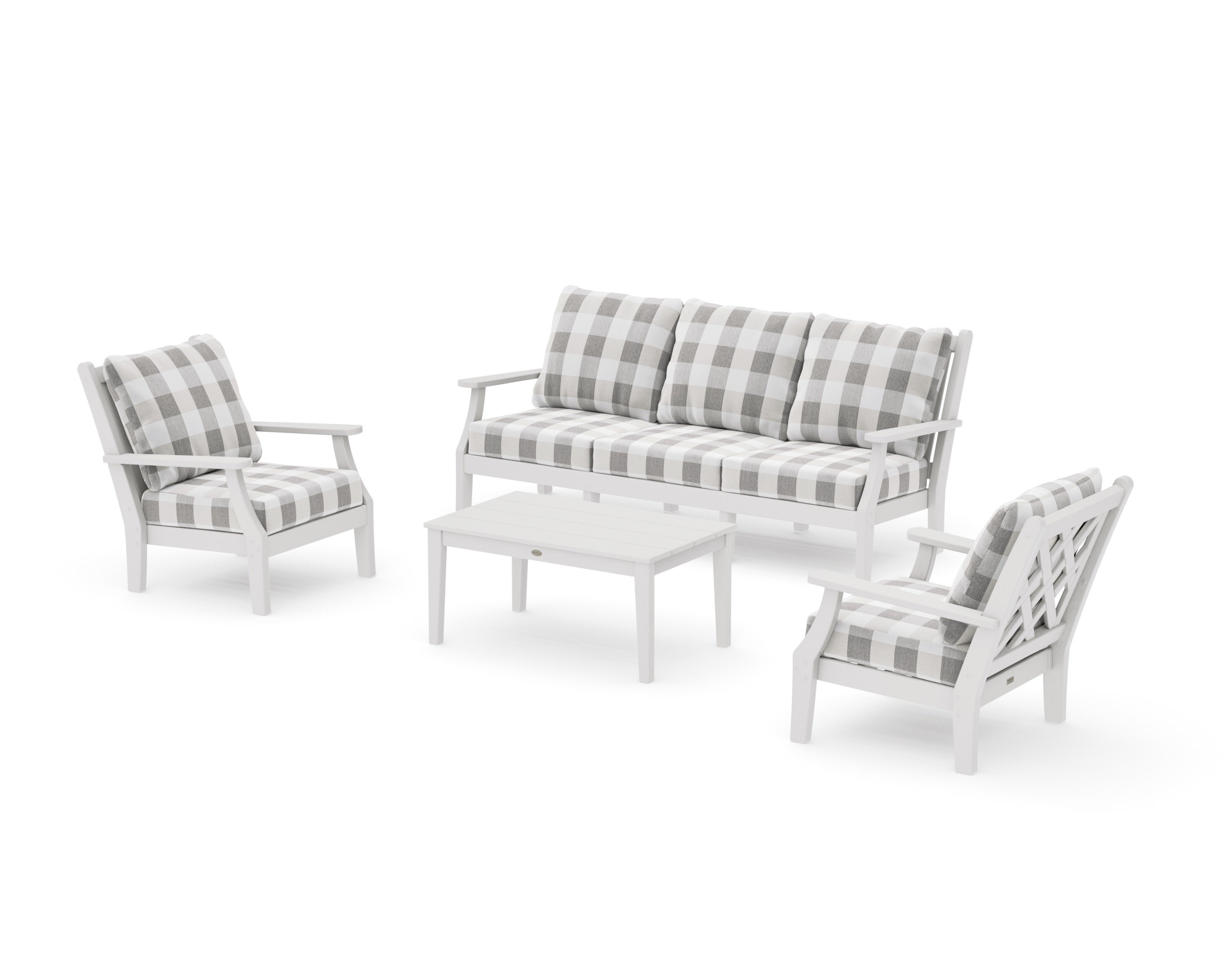 Wovendale 4-Piece Deep Seating Set with Sofa in Vintage White / Buffalo Plaid Grey Mist