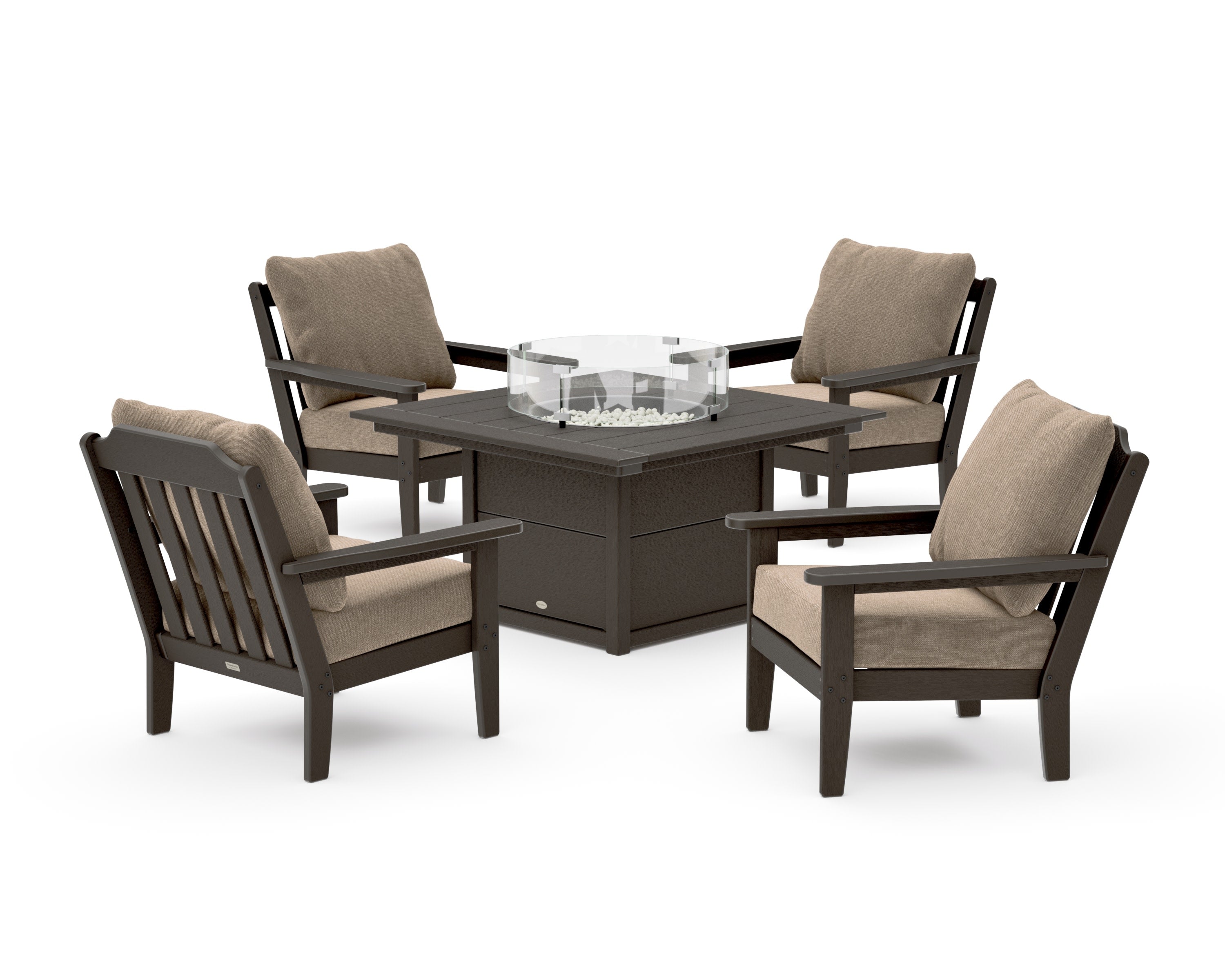 Cottage 5-Piece Deep Seating Set with Fire Pit Table in Vintage Coffee / Spiced Burlap