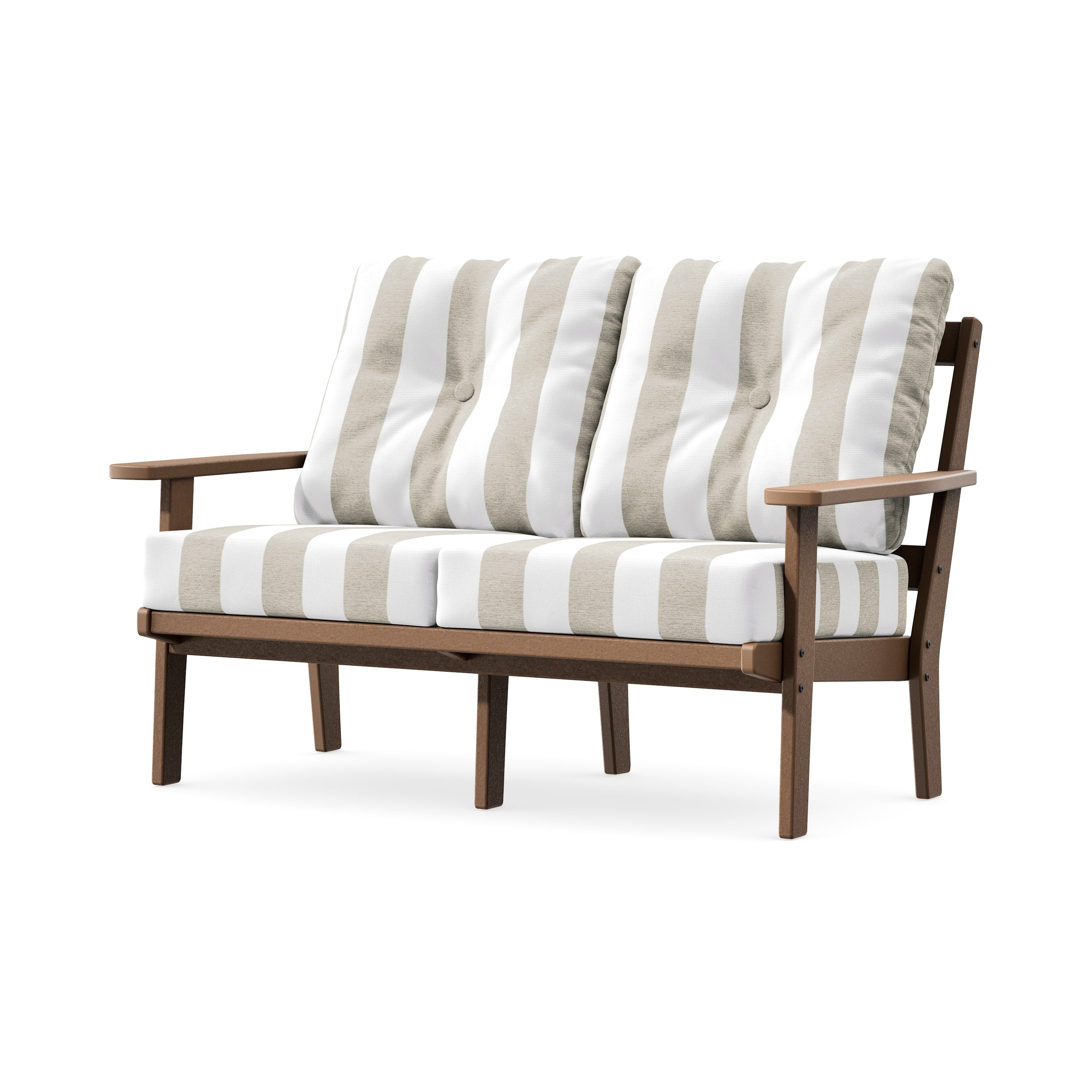 Prairie Deep SeatingLoveseat in Teak / Cabana Stripe Dune Burlap