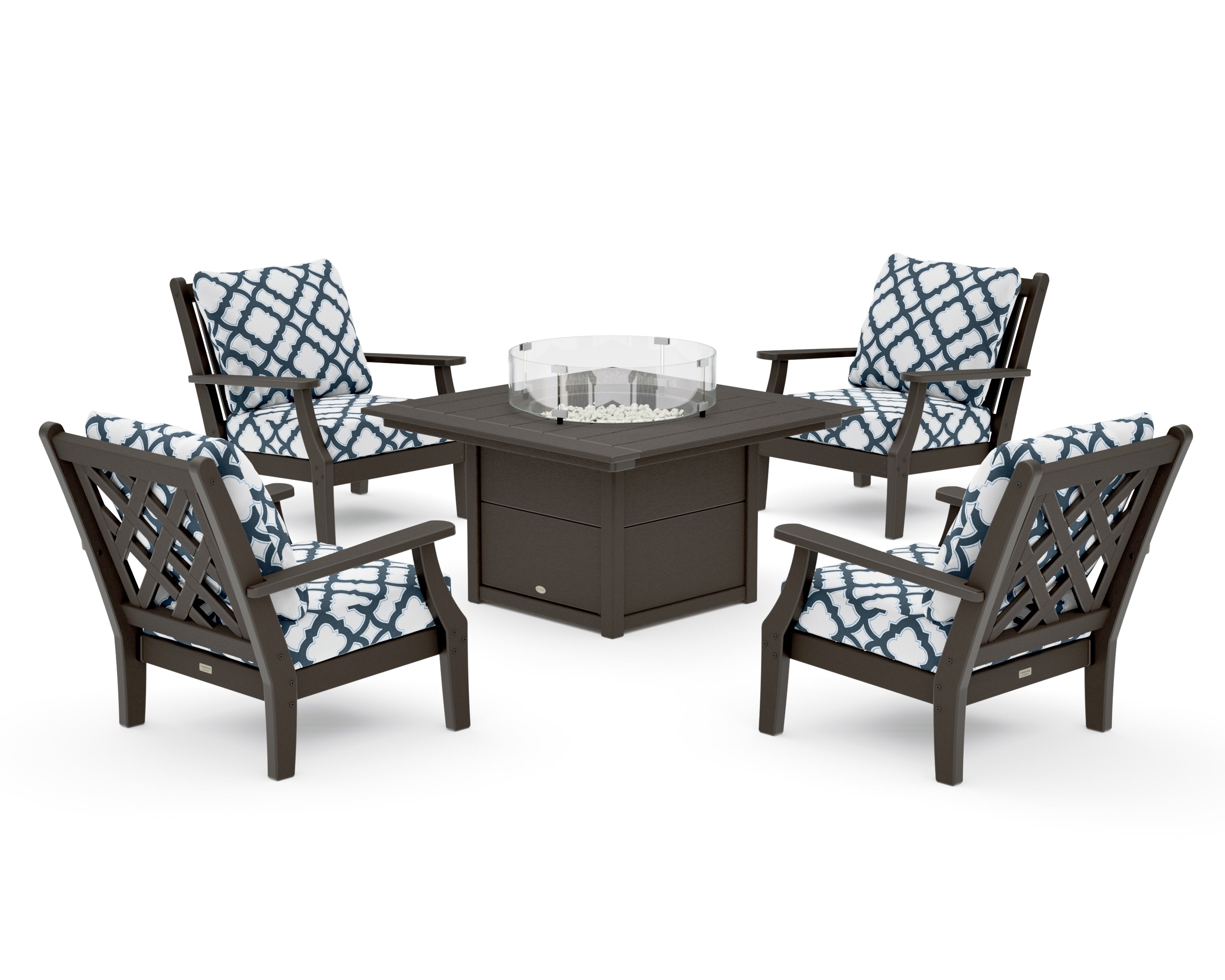 Wovendale 5-Piece Deep Seating Set with Fire Pit Table in Vintage Coffee / Trellis Marine Indigo