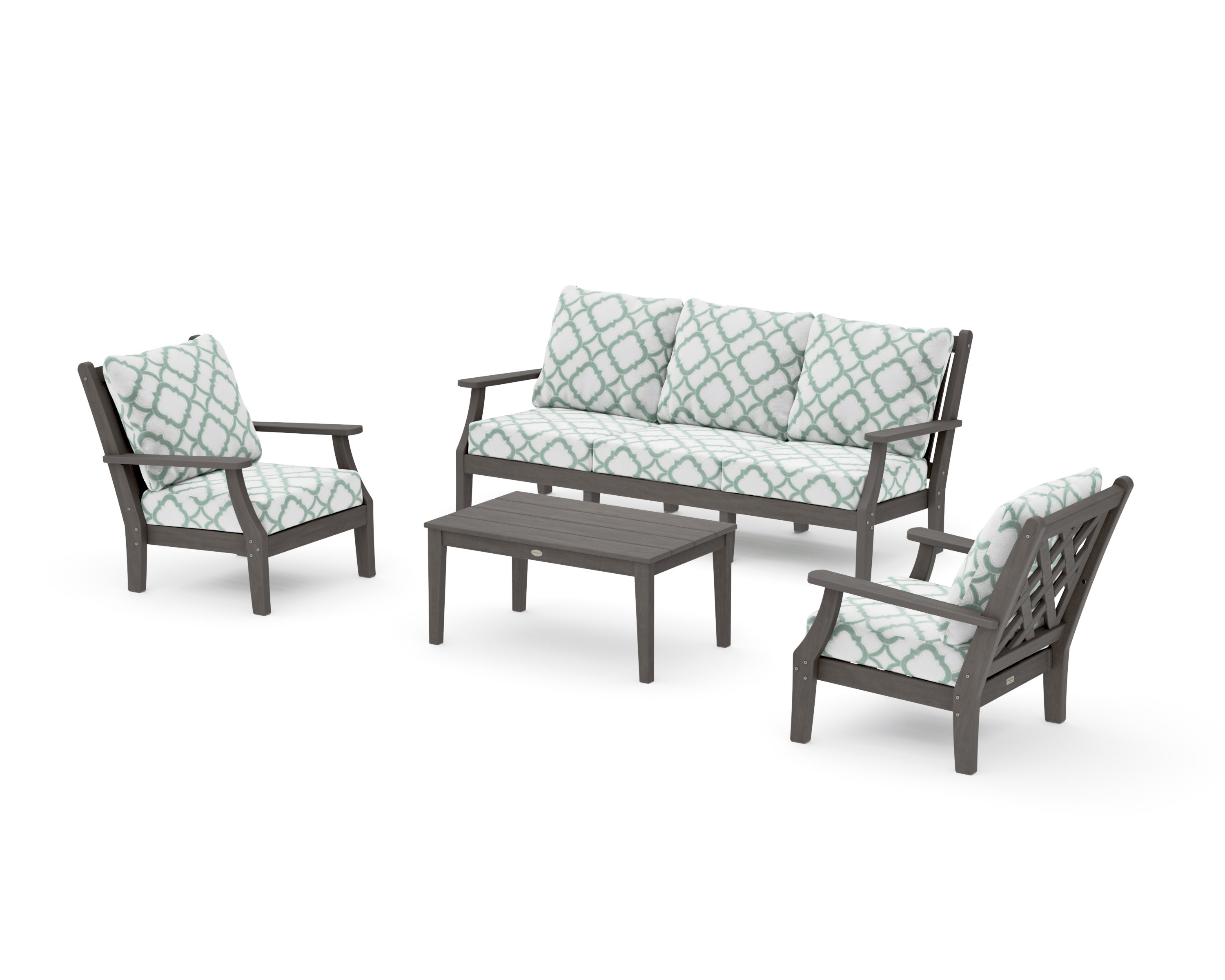Wovendale 4-Piece Deep Seating Set with Sofa in Driftwood / Trellis Glacier Spa