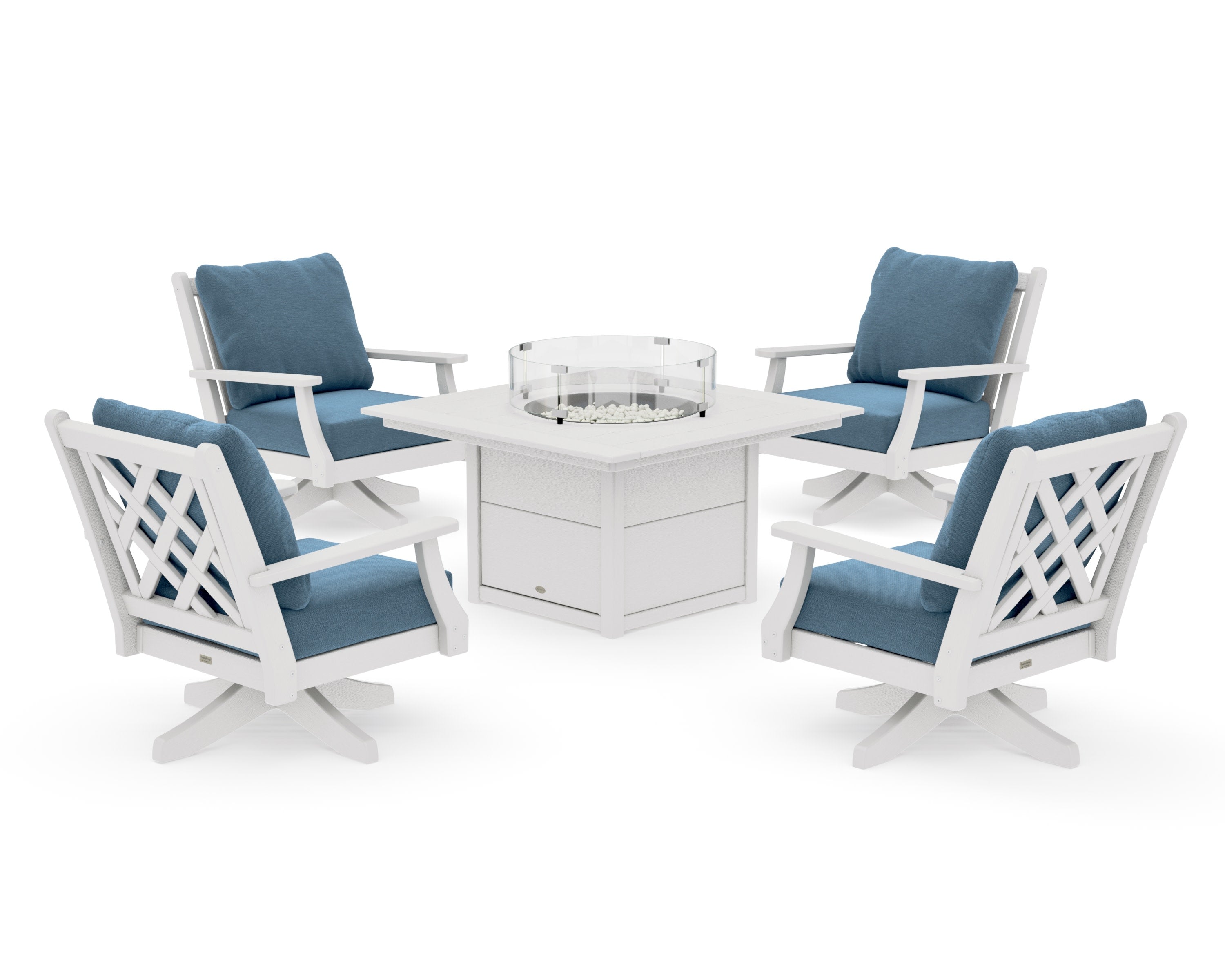 Wovendale 5-Piece Deep Seating Swivel Conversation Set with Fire Pit Table in Vintage White / Sky Blue