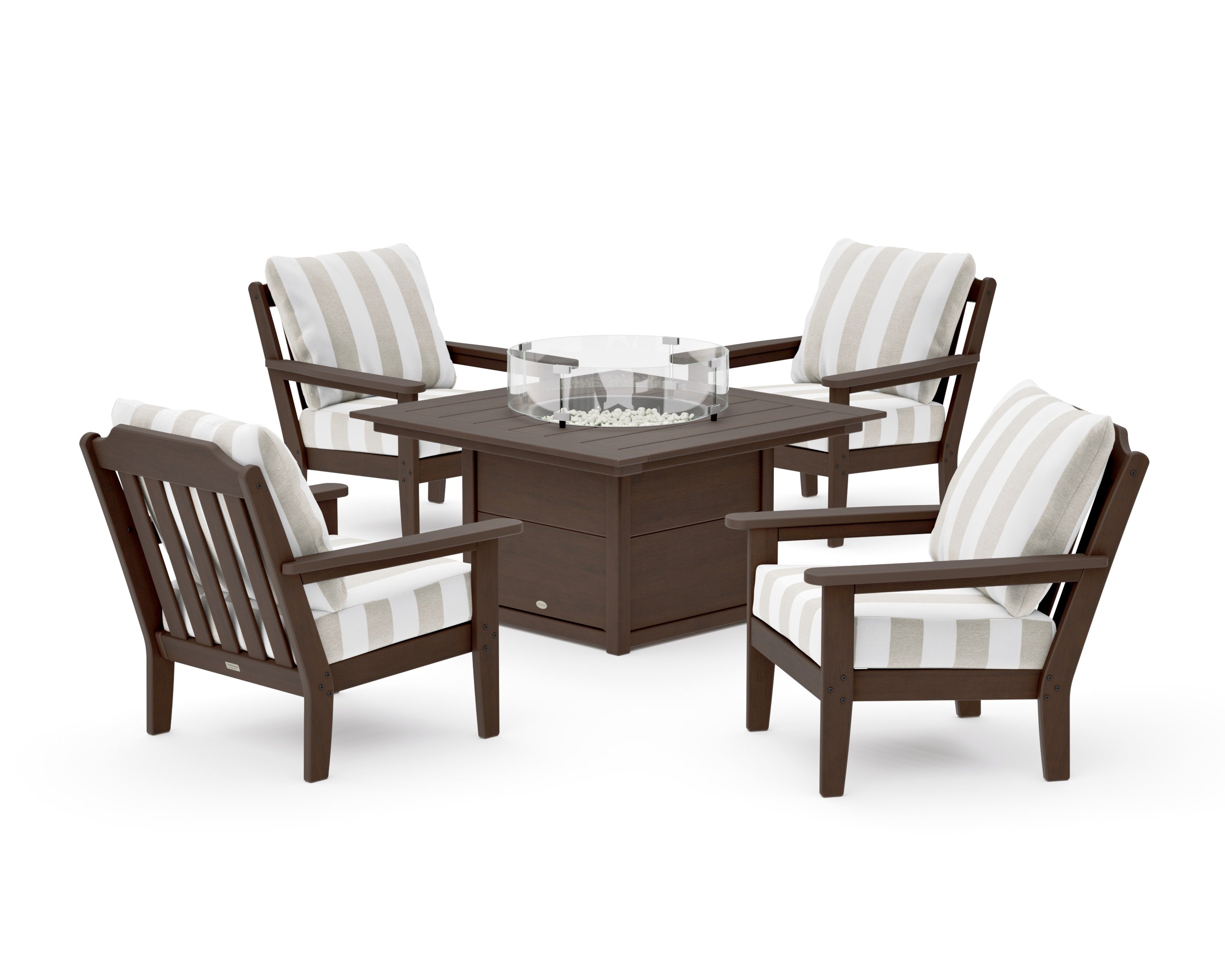 Cottage 5-Piece Deep Seating Set with Fire Pit Table in Kona / Cabana Stripe Dune Burlap