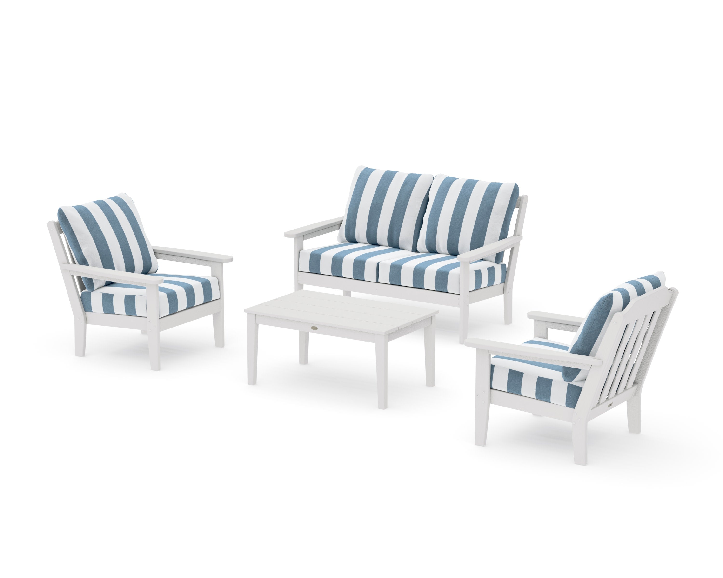 Cottage 4-Piece Deep Seating Set with Loveseat in Vintage White / Cabana Stripe Sky Blue