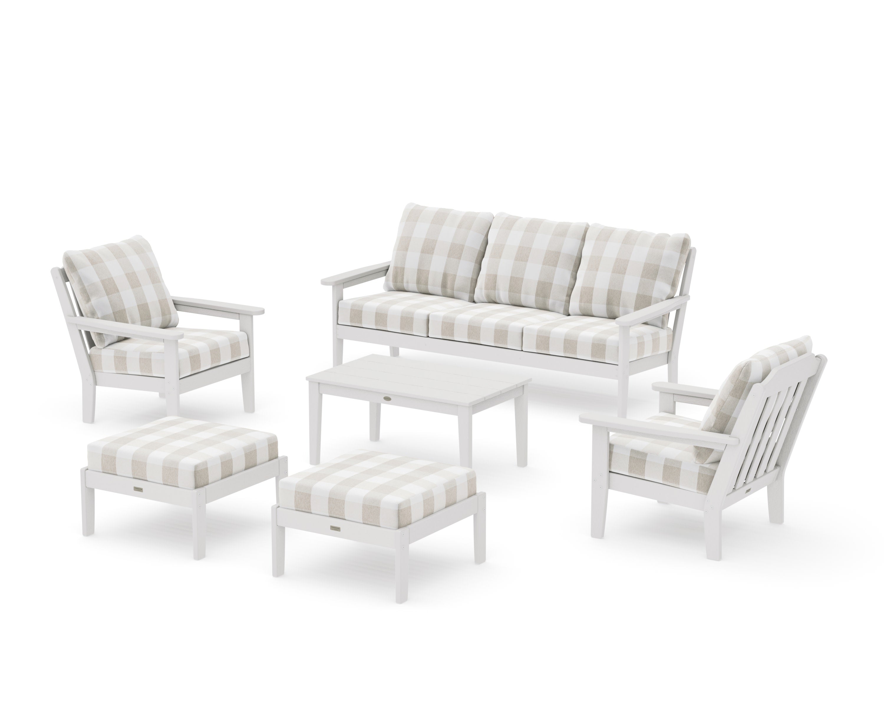 Cottage 6-Piece Lounge Sofa Set in Vintage White / Buffalo Plaid Dune Burlap