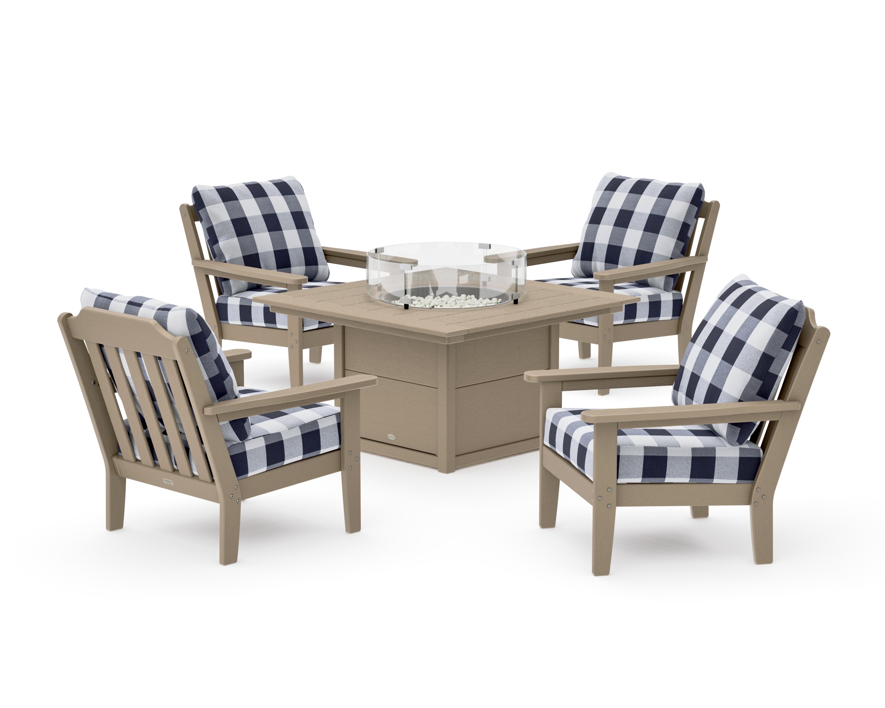 Cottage 5-Piece Deep Seating Set with Fire Pit Table in Vintage Sahara / Buffalo Plaid Navy