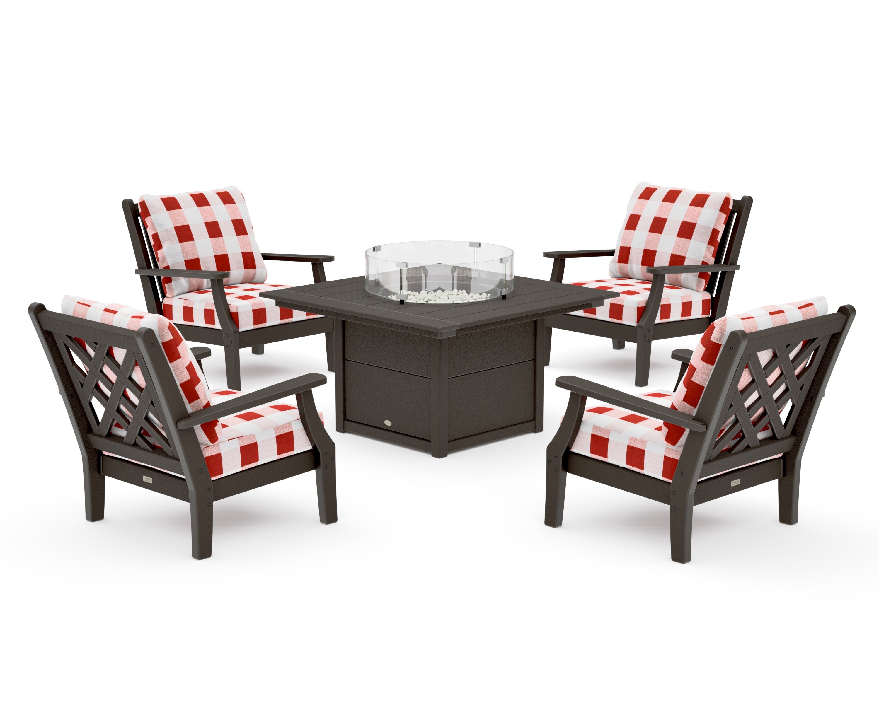 Wovendale 5-Piece Deep Seating Set with Fire Pit Table in Vintage Coffee / Buffalo Plaid Crimson