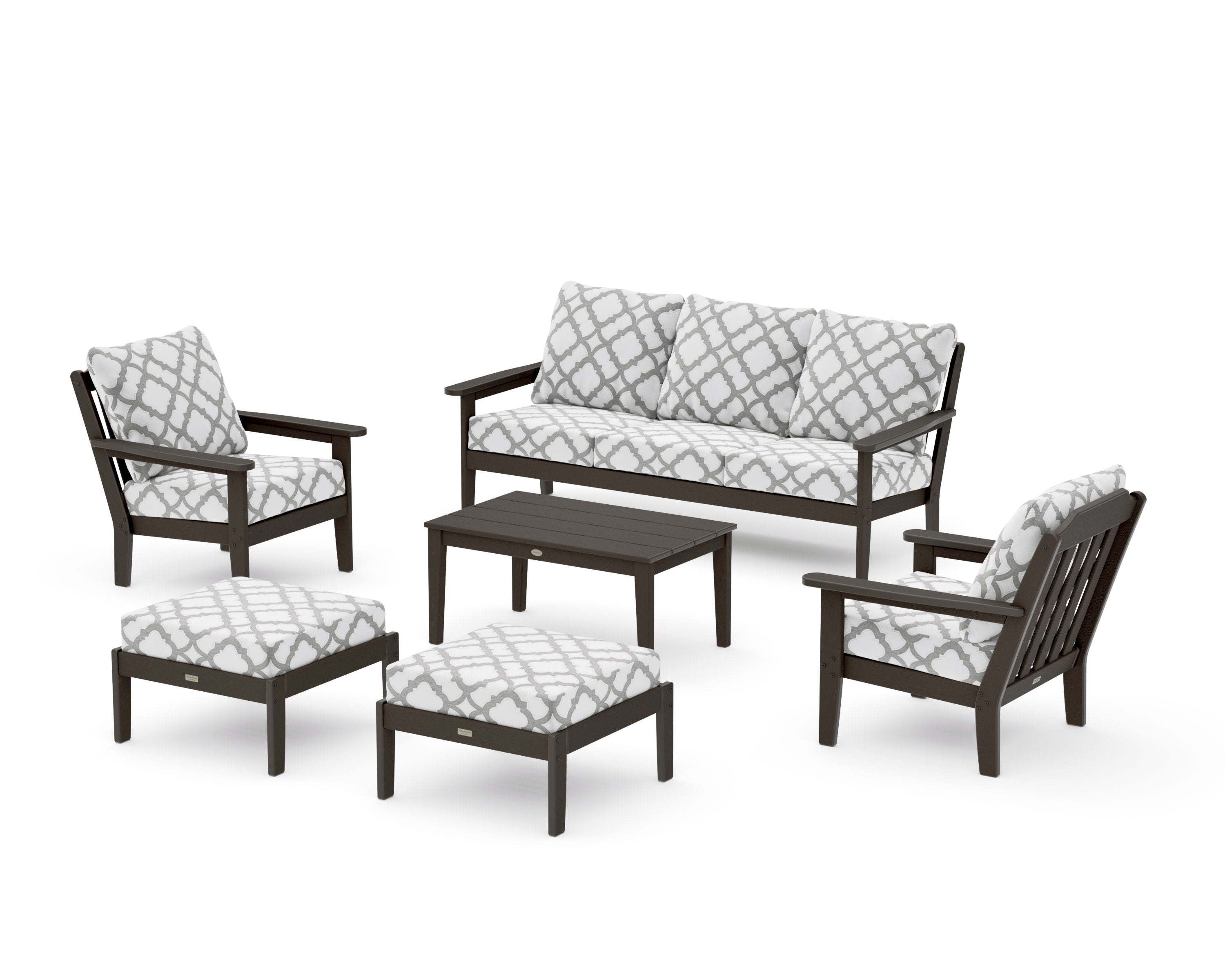 Cottage 6-Piece Lounge Sofa Set in Vintage Coffee / Trellis Grey Mist