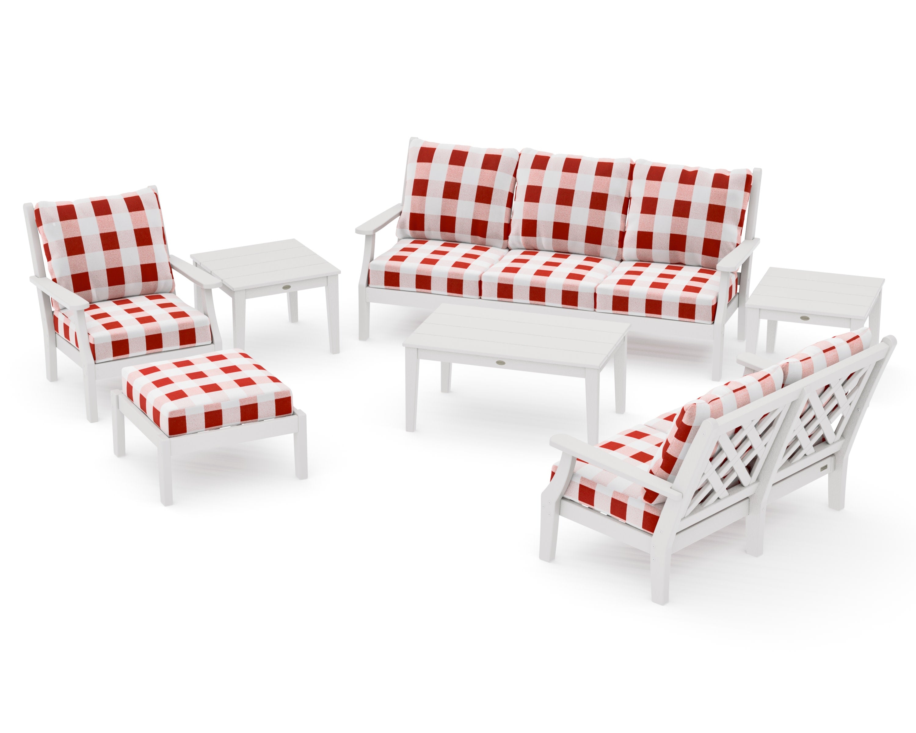 Wovendale 7-Piece Deep Seating Set in Vintage White / Buffalo Plaid Crimson