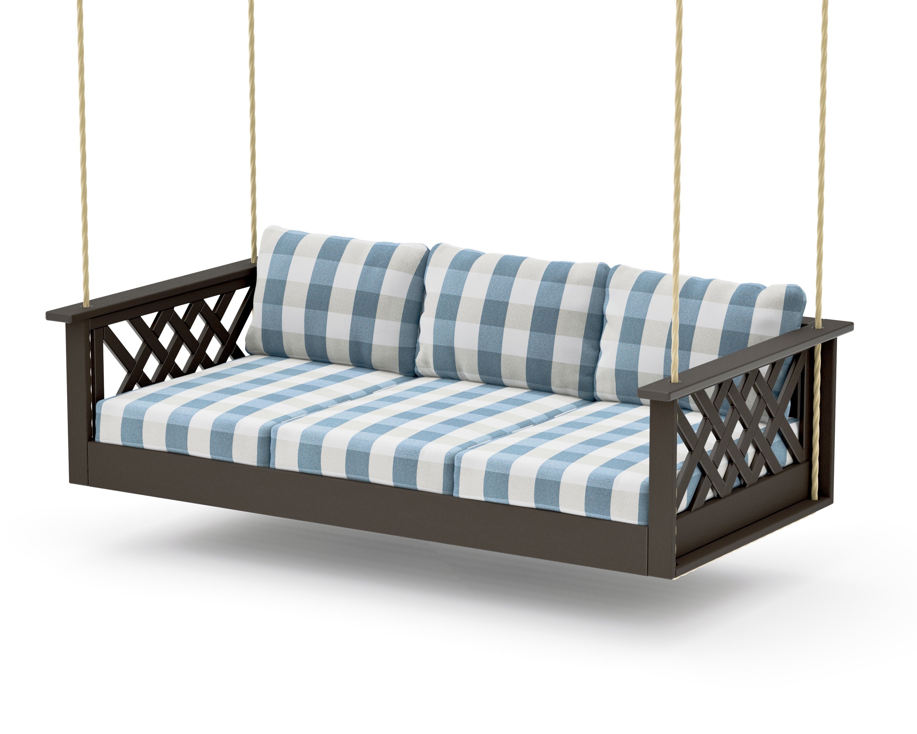 Wovendale Daybed Swing in Vintage Coffee / Buffalo Plaid Sky Blue