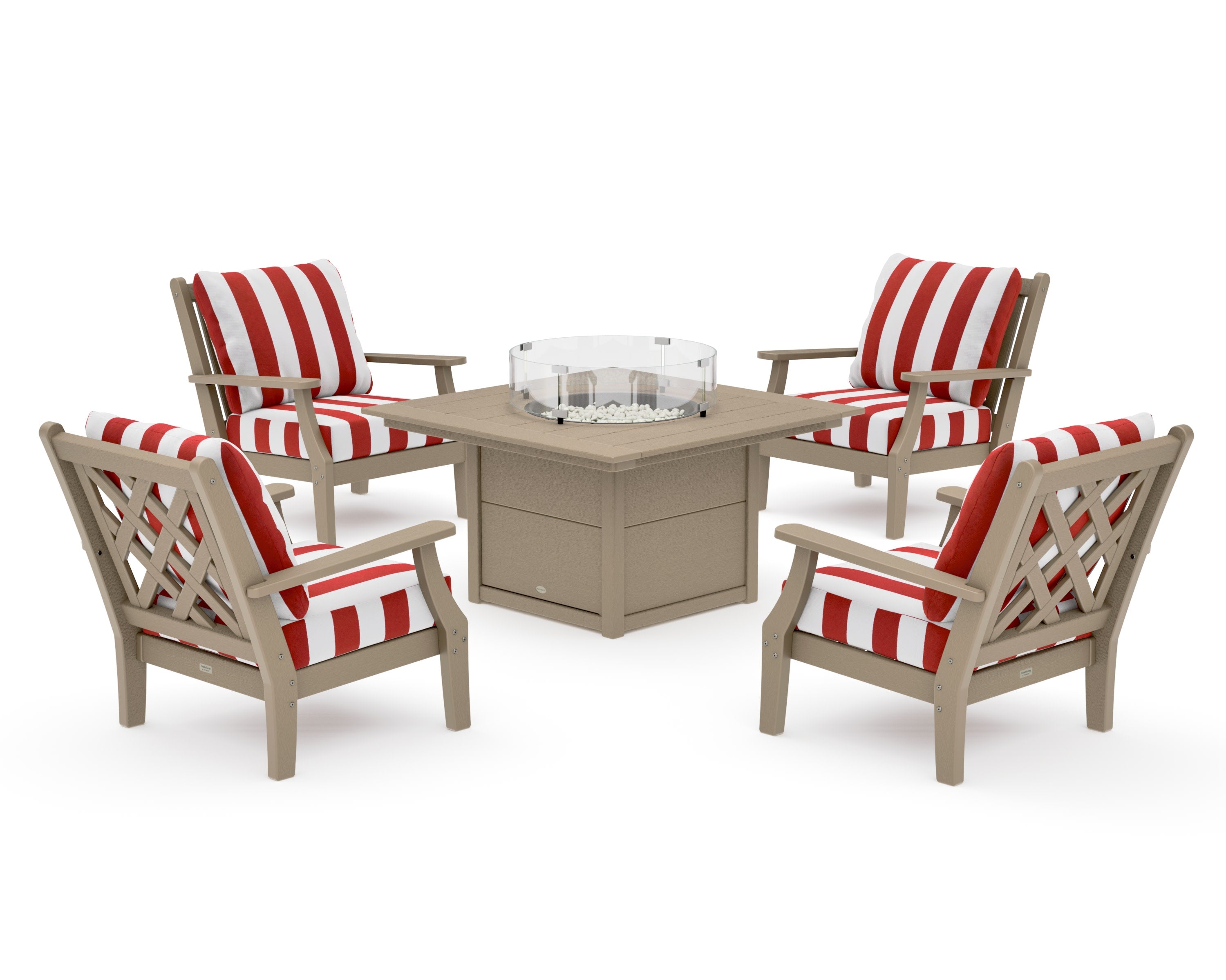 Wovendale 5-Piece Deep Seating Set with Fire Pit Table in Vintage Sahara / Cabana Stripe Crimson