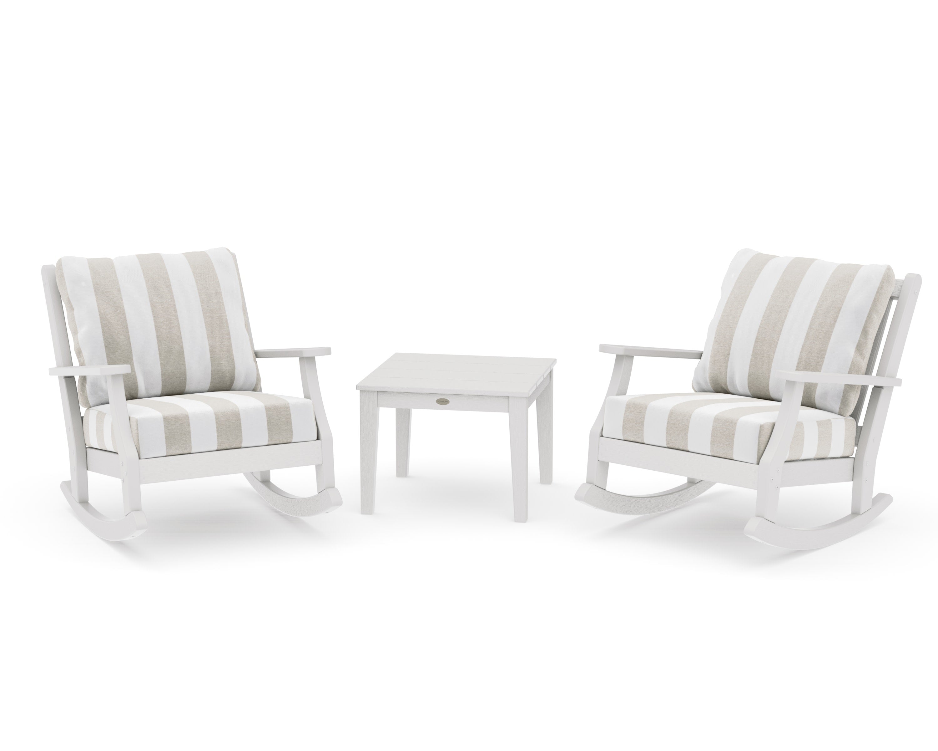 Wovendale 3-Piece Deep Seating Rocker Set in Vintage White / Cabana Stripe Dune Burlap