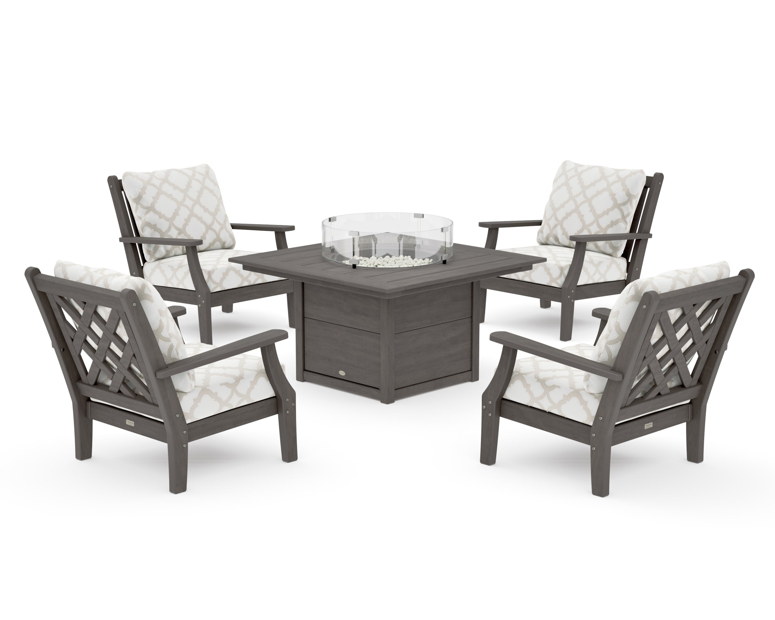 Wovendale 5-Piece Deep Seating Set with Fire Pit Table in Driftwood / Trellis Dune Burlap