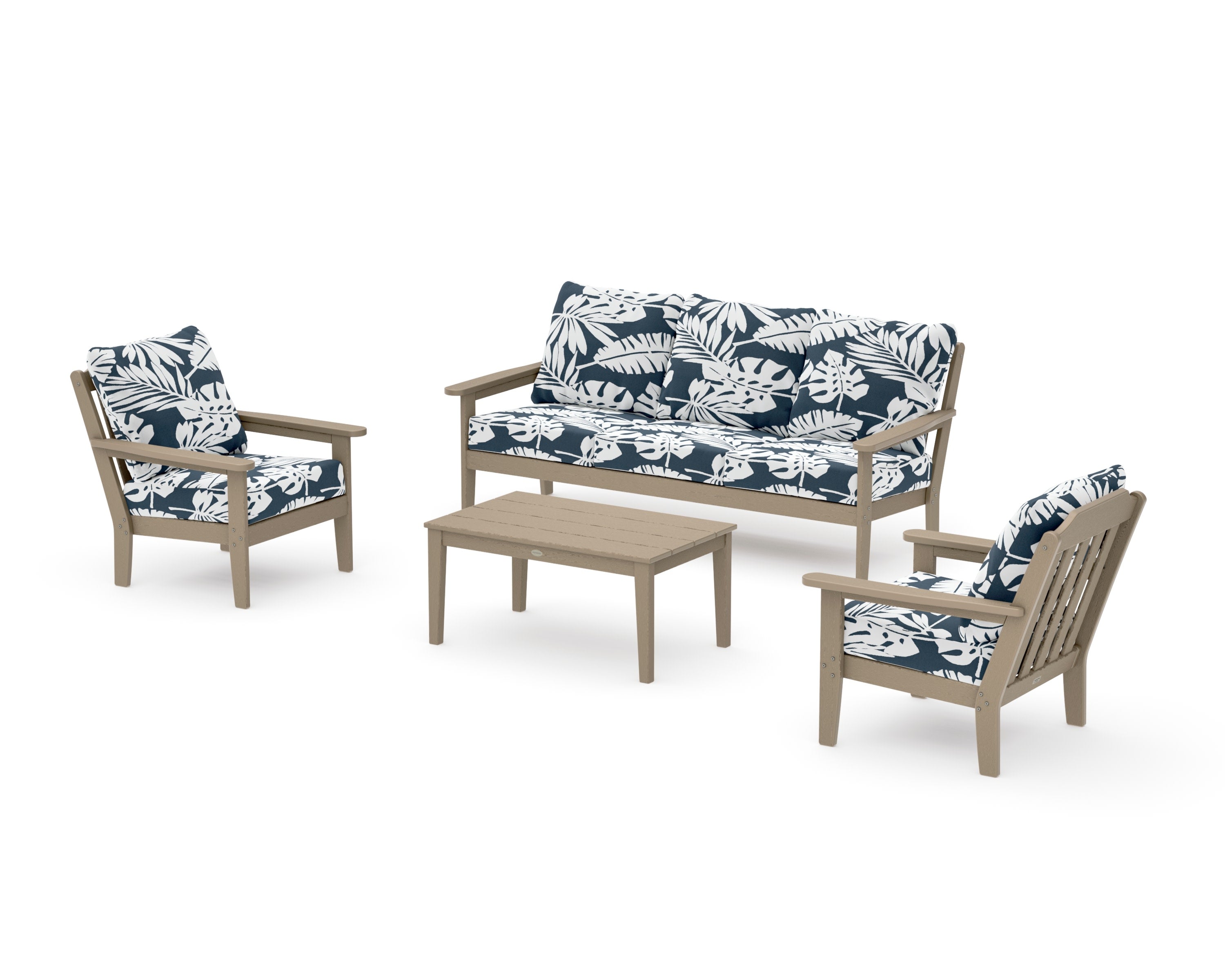 Cottage 4-Piece Deep Seating Set with Sofa in Vintage Sahara / Leaf Marine Indigo