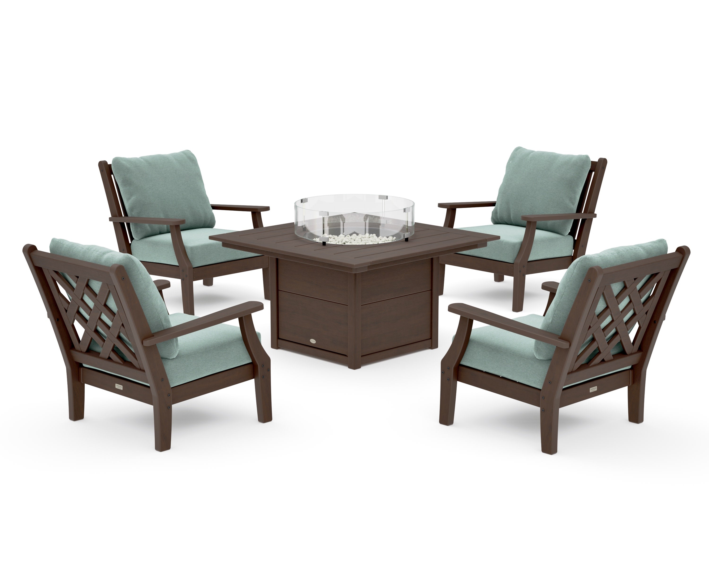 Wovendale 5-Piece Deep Seating Set with Fire Pit Table in Kona / Glacier Spa